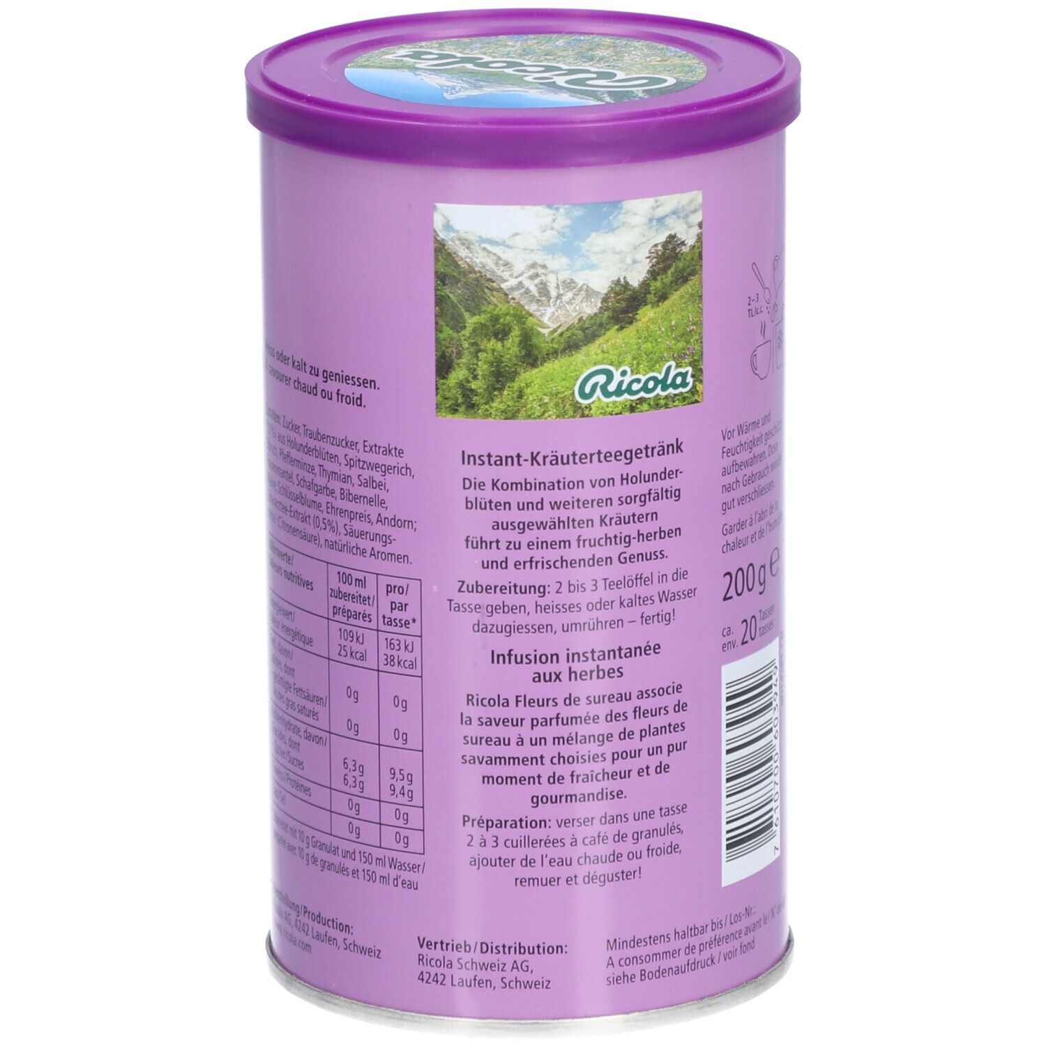 Rückseite der Dose Ricola Instant Kräutertee Holunderblüten. Text, Nährwertangaben, Zubereitung, 200g und 20 Tassen.