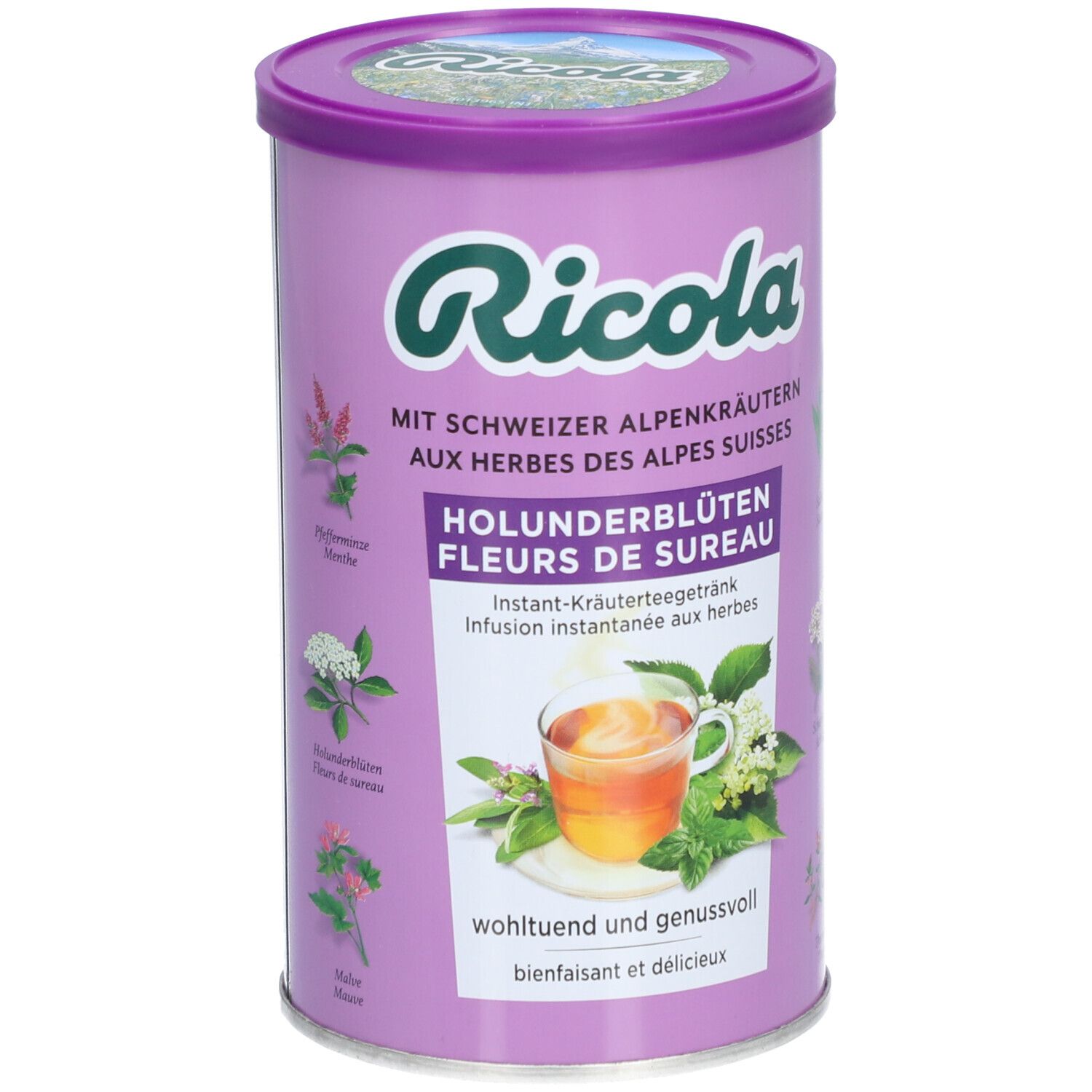 Zylindrische Dose Ricola Instant Kräutertee Holunderblüten. Lila Deckel und Dose. Text und Kräuterabbildungen.