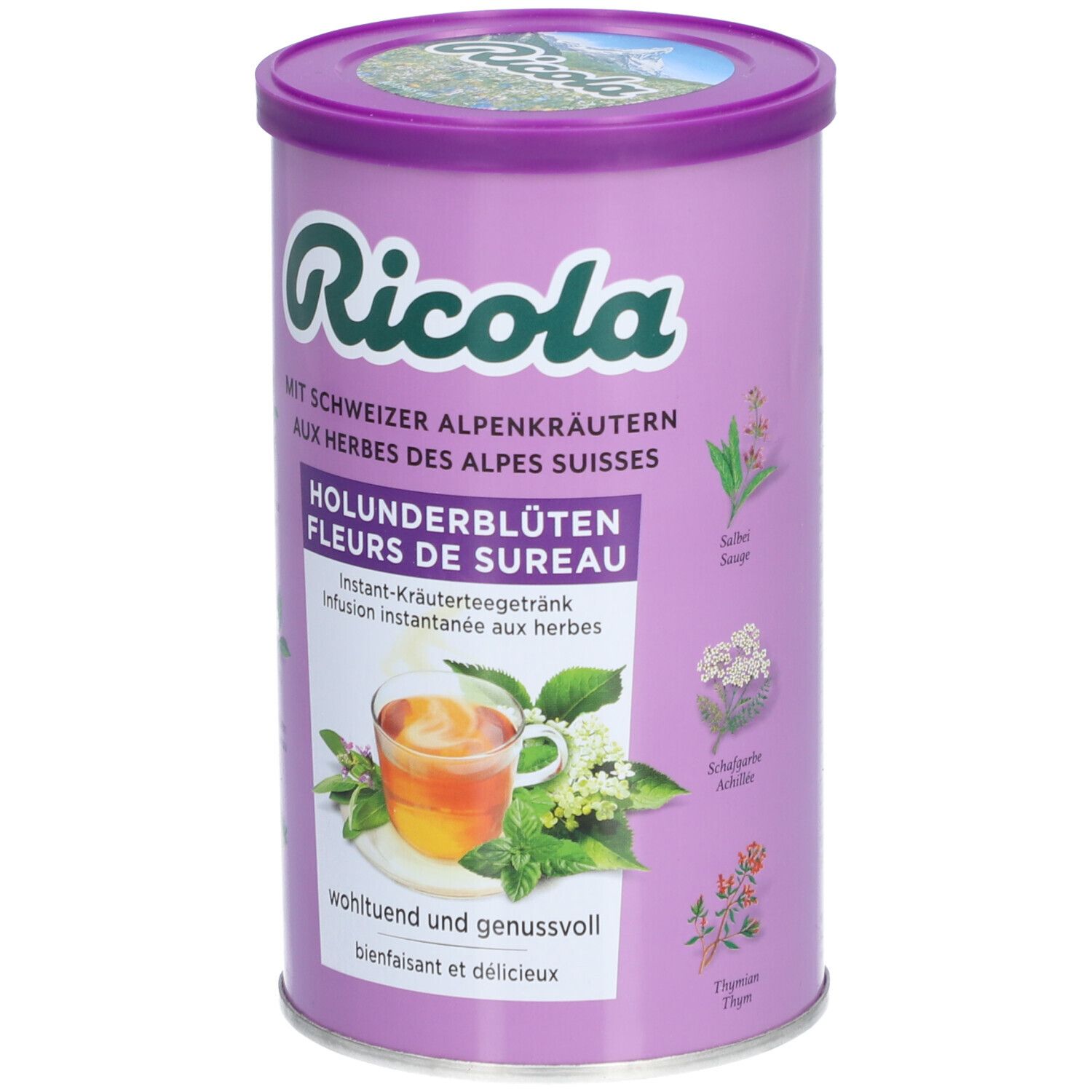 Zylindrische Dose Ricola Instant Kräutertee Holunderblüten. Lila Deckel und Dose. Text und Kräuterabbildungen.