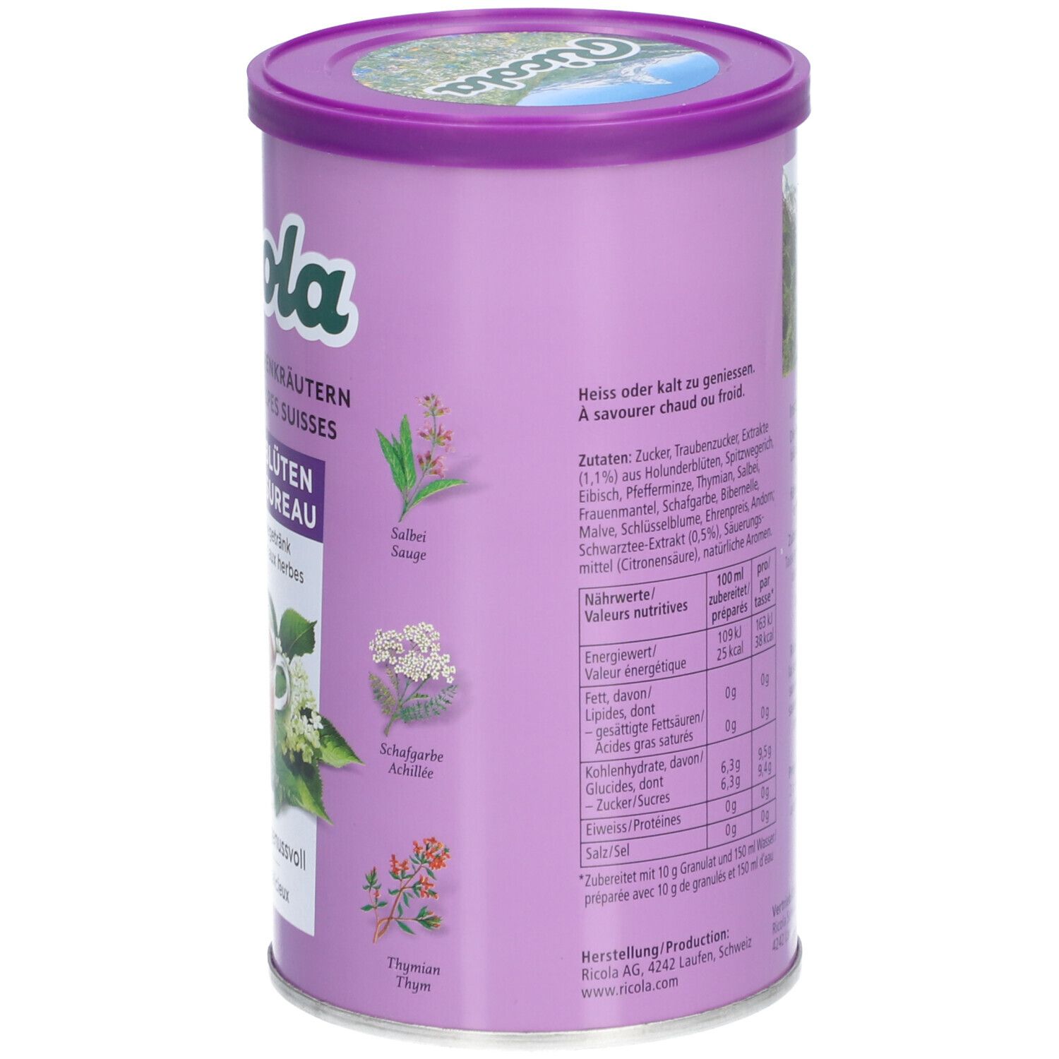 Rückseite der Dose Ricola Instant Kräutertee Holunderblüten. Text, Zutaten, Nährwerte, 200g und Kräuterabbildungen.