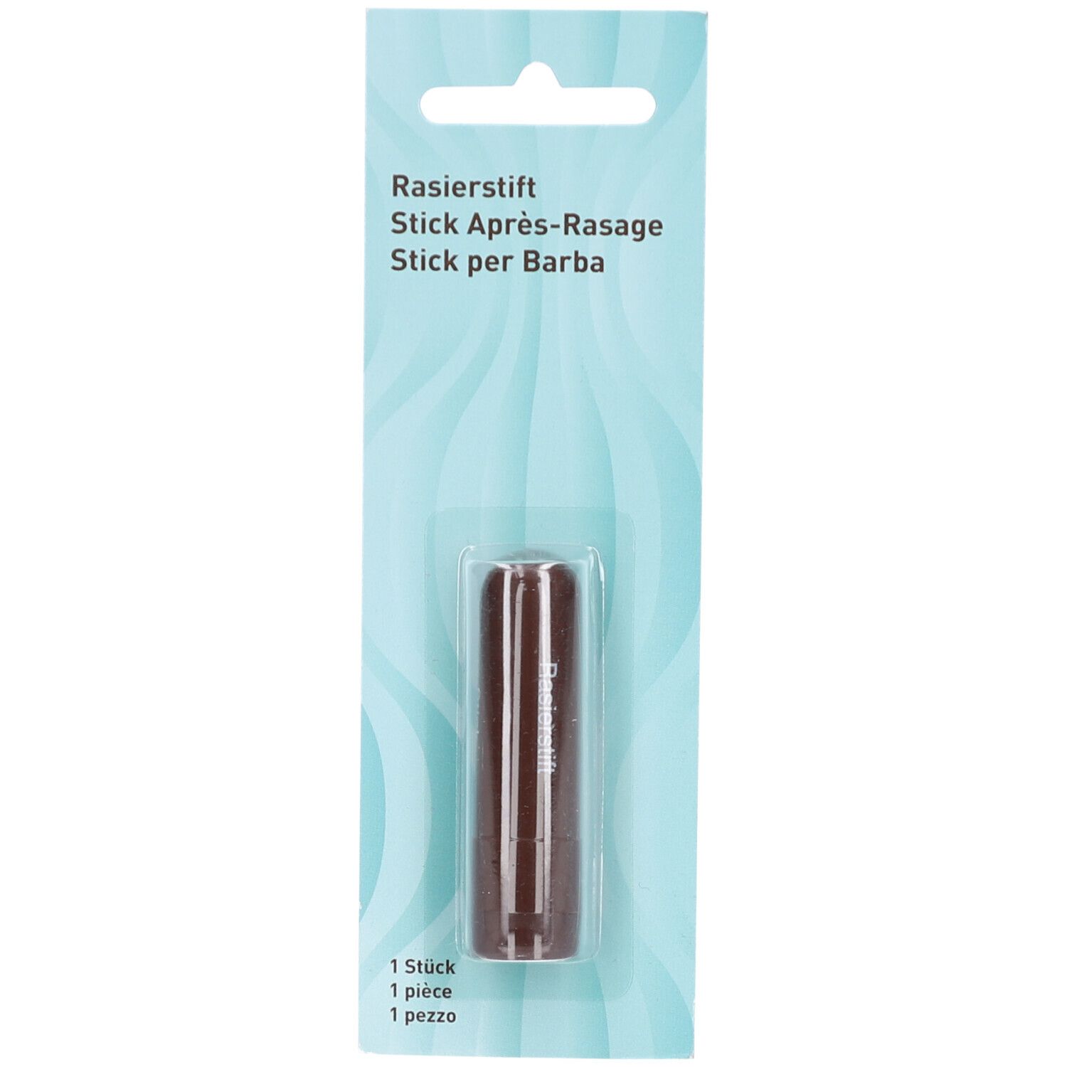 Brauner Rasierstift in Blisterverpackung. Produktname: Rasierstift, Stick Après-Rasage, Stick per Barba. 1 Stück.