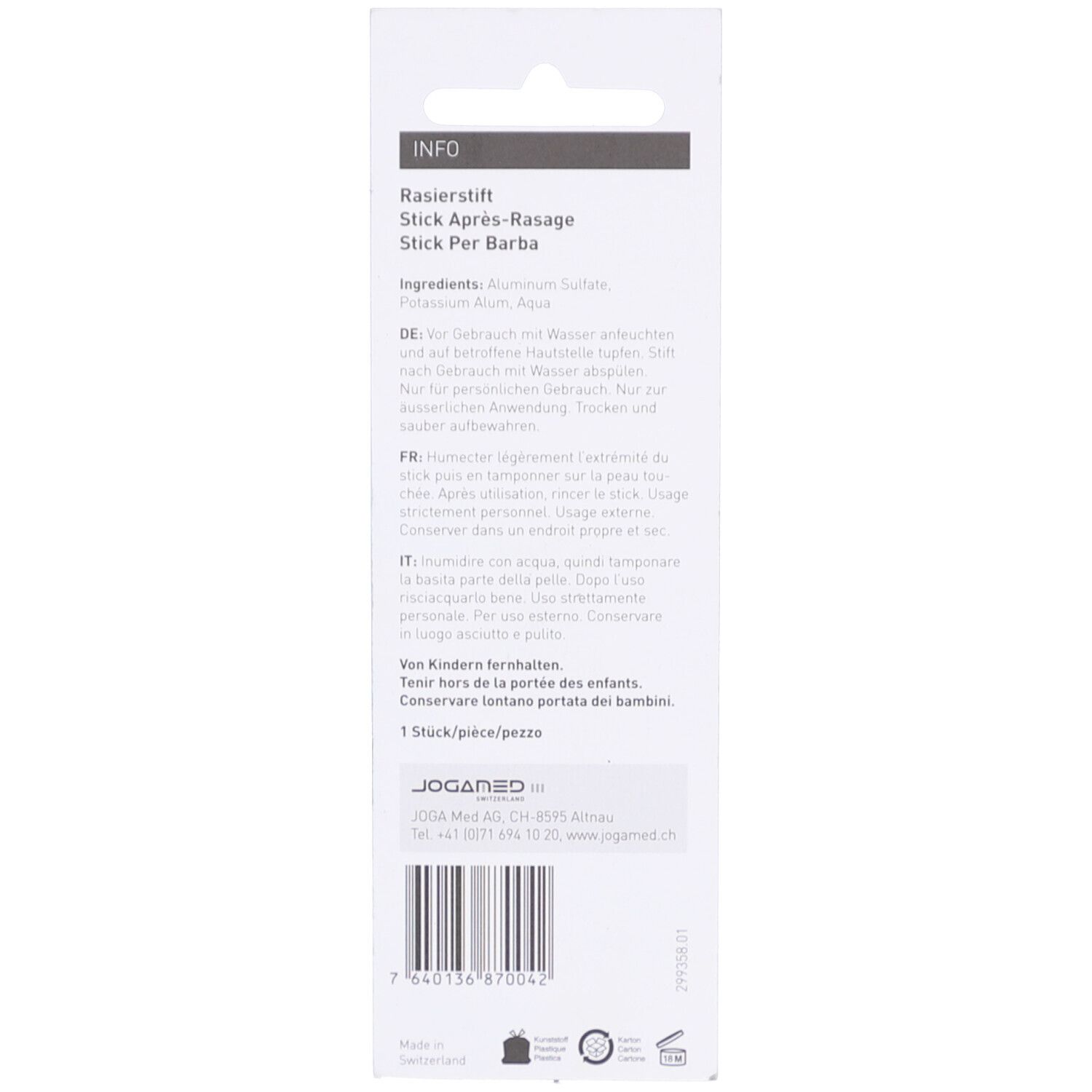 Rückseite der Blisterverpackung. Produktname: Rasierstift, Stick Après-Rasage, Stick per Barba. Inhaltsstoffe. 1 Stück/pezz.