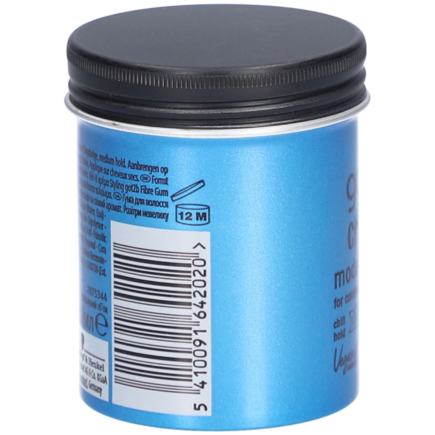 Blaue Dose mit schwarzem Deckel. Barcode und Text. Aufschrift: got2b CHAOTIC modelling fibre gum. 12M-Symbol.