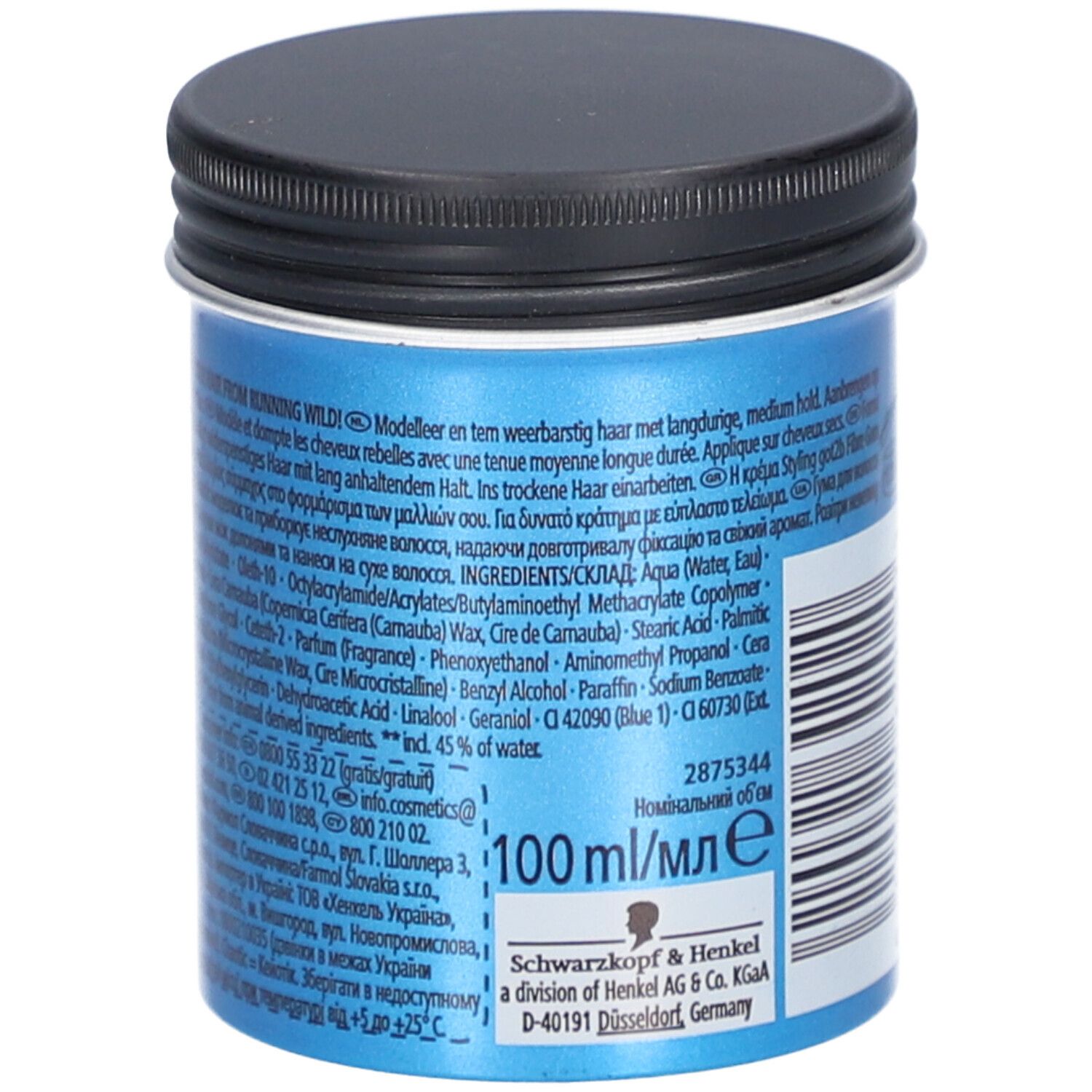 Blaue Dose mit schwarzem Deckel. Text und Inhaltsstoffe. Aufschrift: got2b CHAOTIC modelling fibre gum. 100 ml.