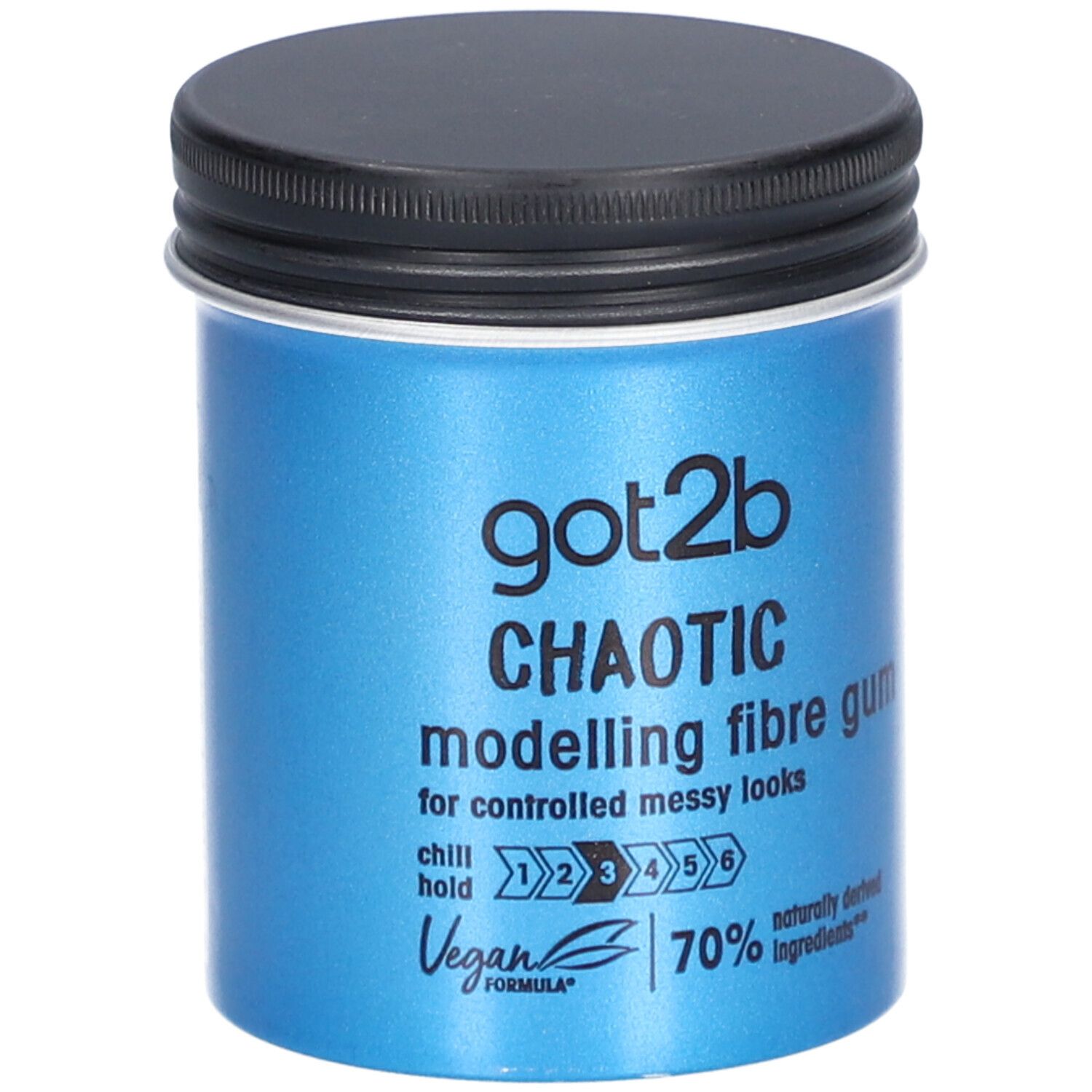 Blaue Dose mit schwarzem Deckel. Aufschrift: got2b CHAOTIC modelling fibre gum. Vegan-Logo und 70% natürliche Inhaltsstoffe.