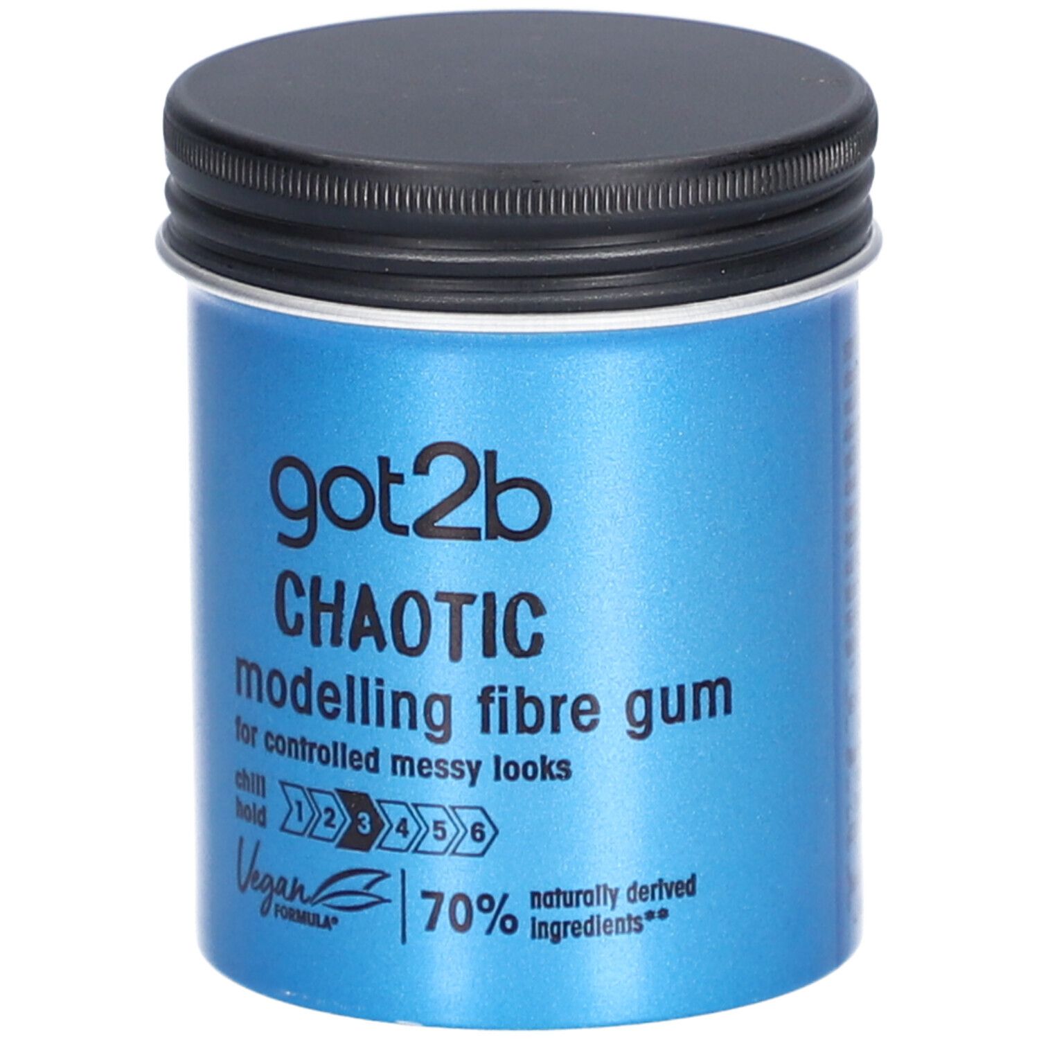 Blaue Dose mit schwarzem Deckel. Aufschrift: got2b CHAOTIC modelling fibre gum. Vegan-Logo und 70% natürliche Inhaltsstoffe.