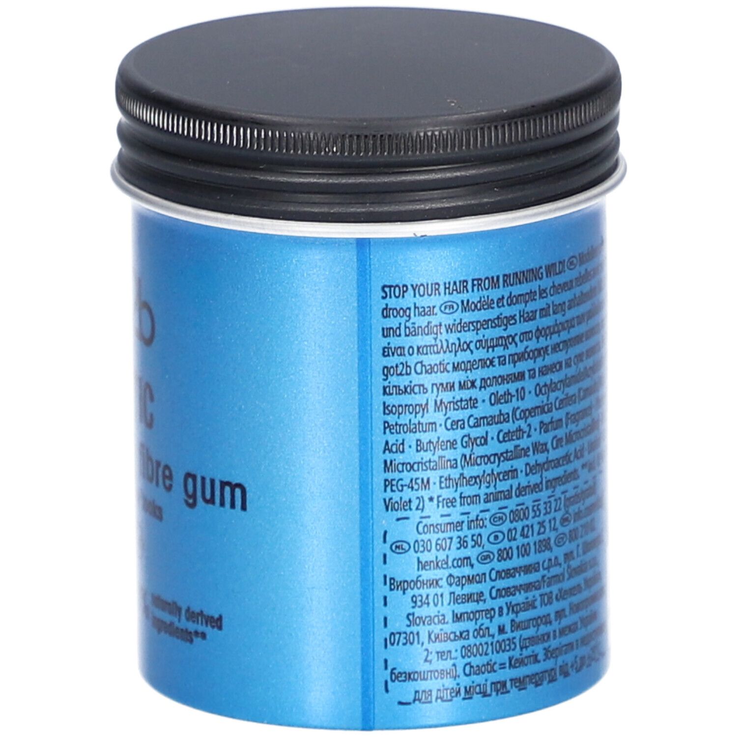 Blaue Dose mit schwarzem Deckel. Text und Inhaltsstoffe. Aufschrift: got2b CHAOTIC modelling fibre gum. Vegan-Logo.