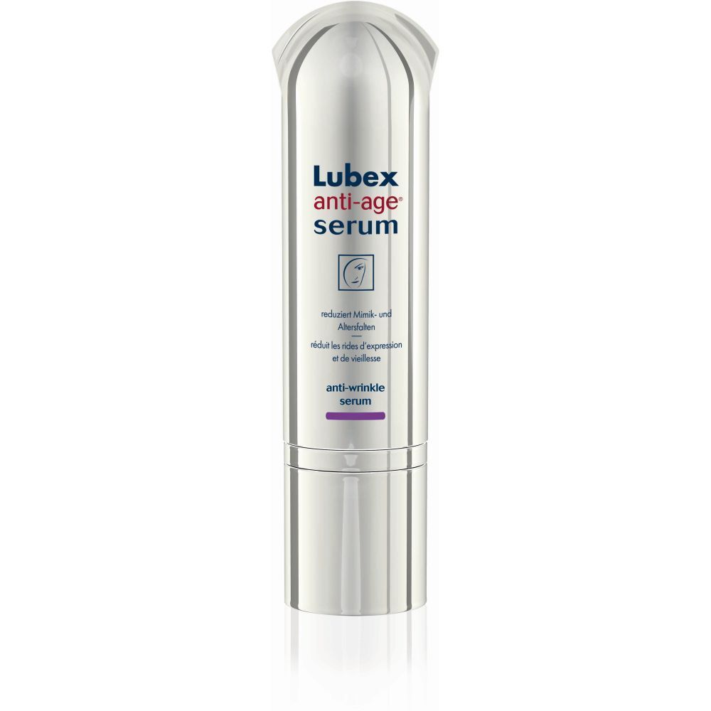 Silberne Flasche mit LUBEX Anti-Aging Serum-Aufschrift. Text: reduziert Mimik- und Altersfältchen.