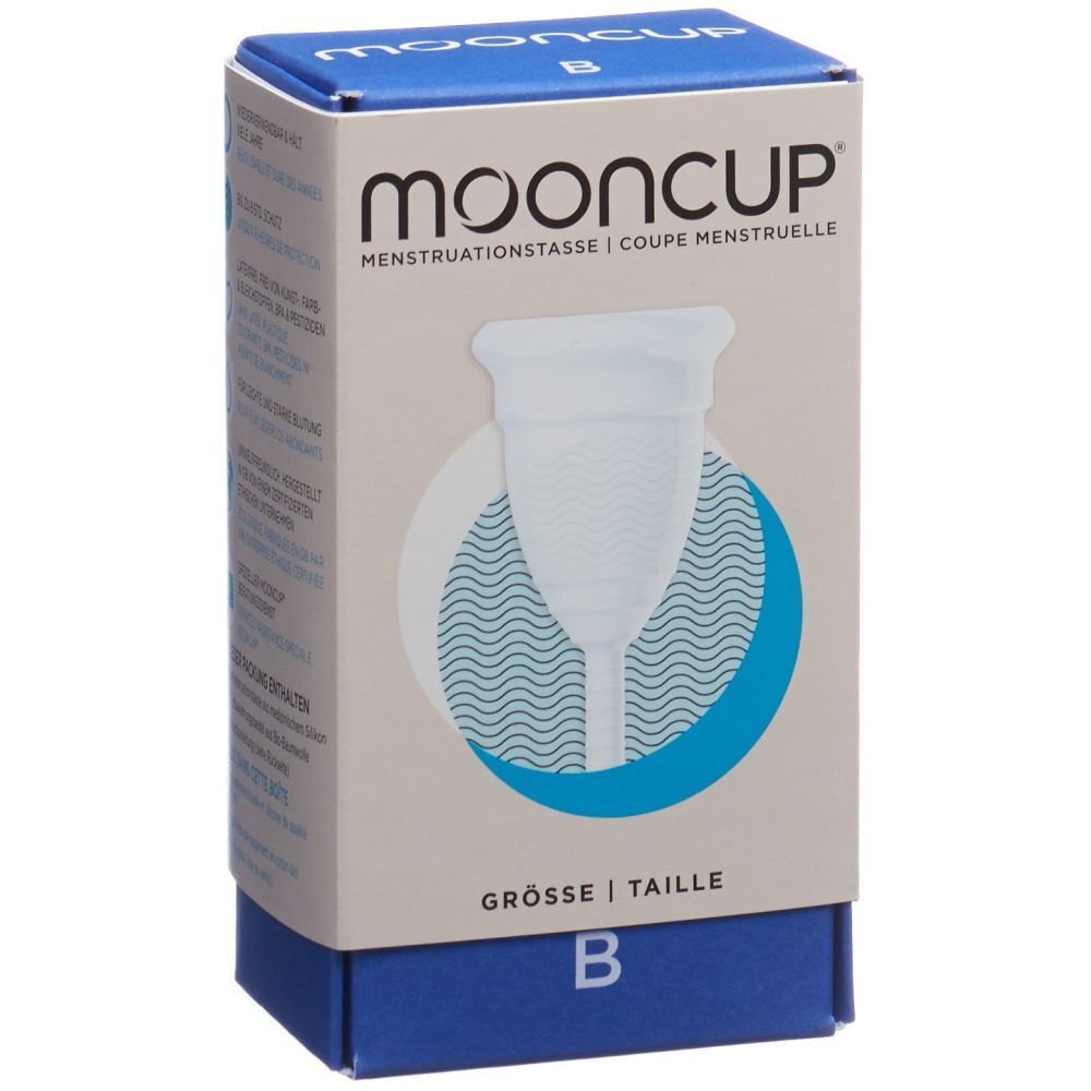 mooncup® Menstruationstasse Größe B in Verpackung. Weiß, aus Silikon. Box mit Wellenmuster.