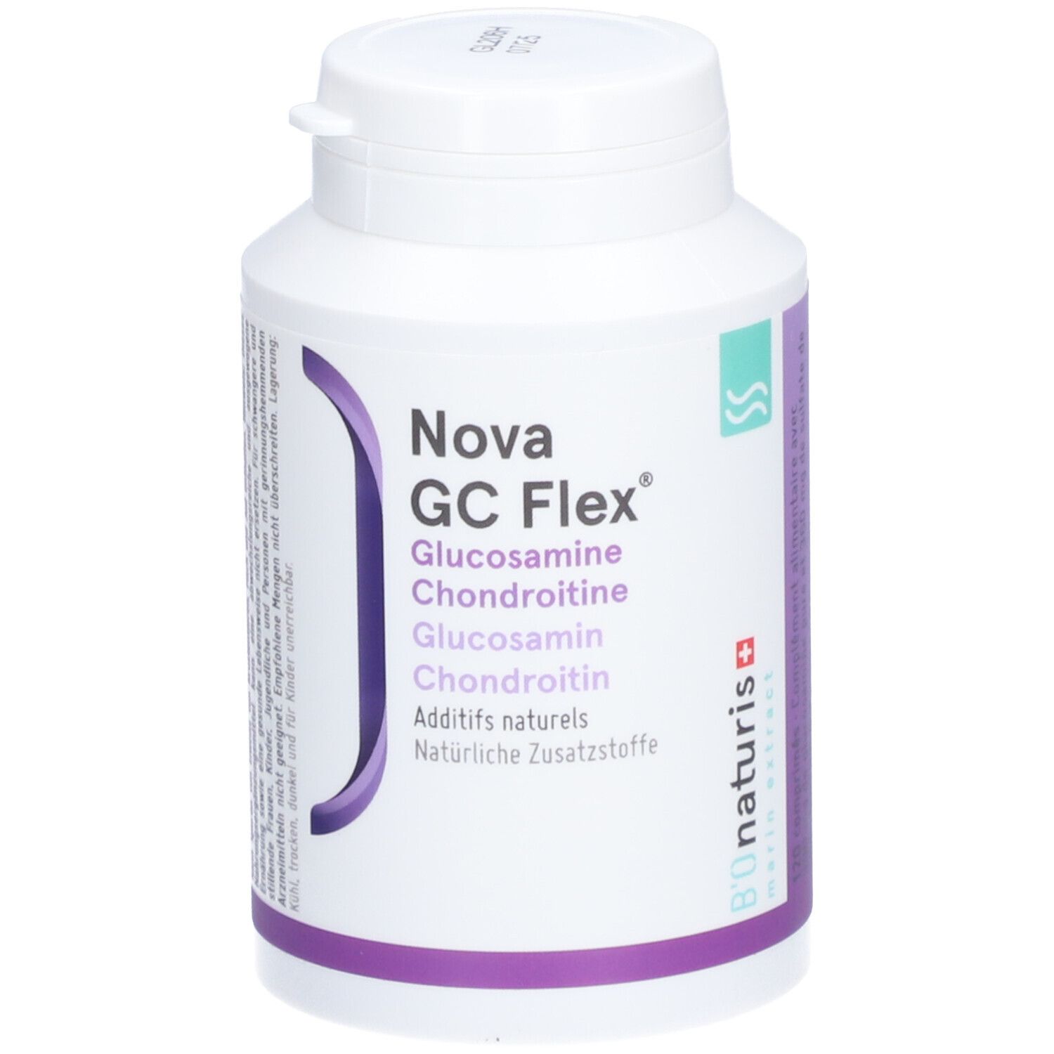 Weiße Flasche mit Nova GC Flex Tabletten. Lila und grüne Akzente. Schriftzug: Glucosamin, Chondroitin.