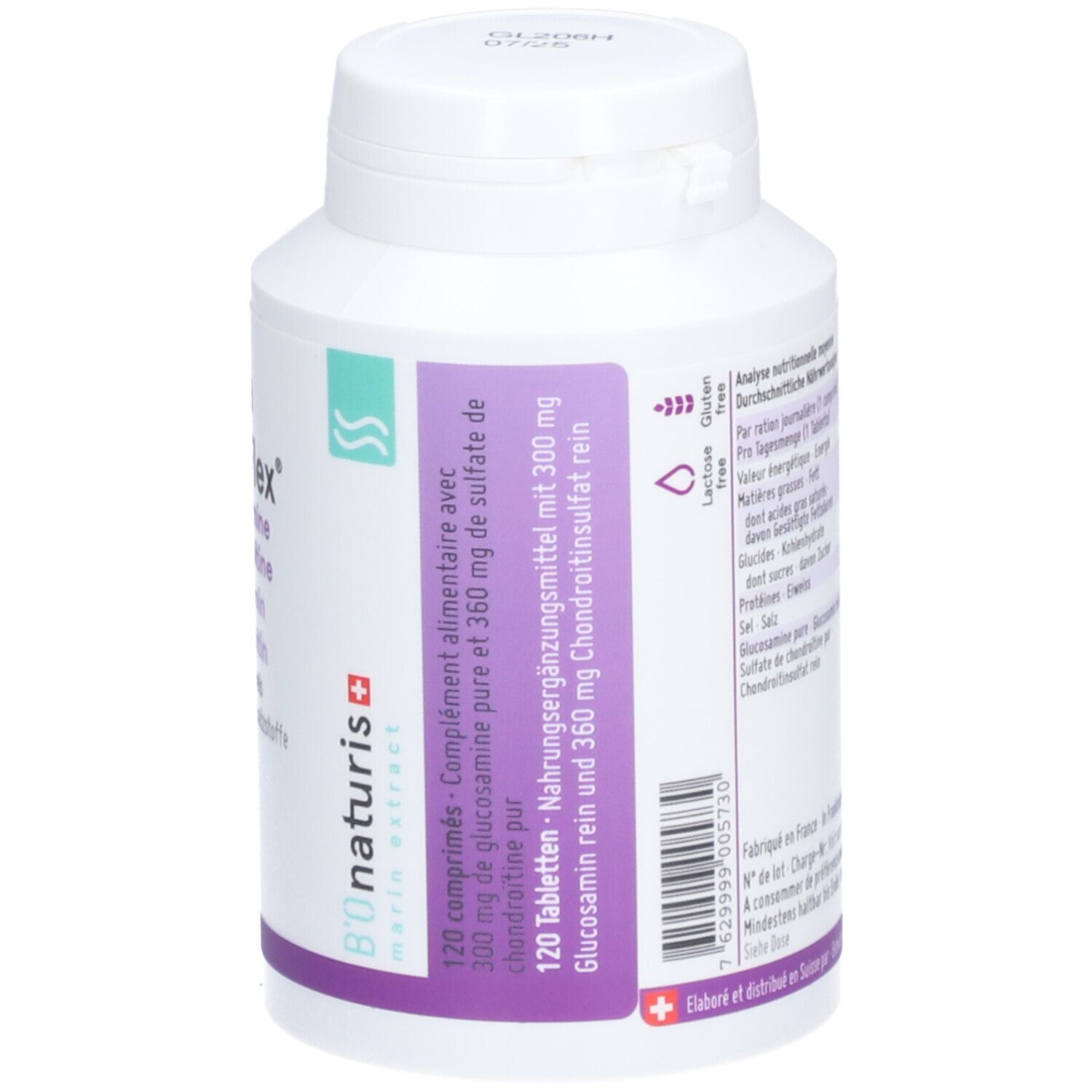 Weiße Flasche mit Nova GC Flex. 120 Tabletten. Lila und grüne Akzente. Weißer Deckel.
