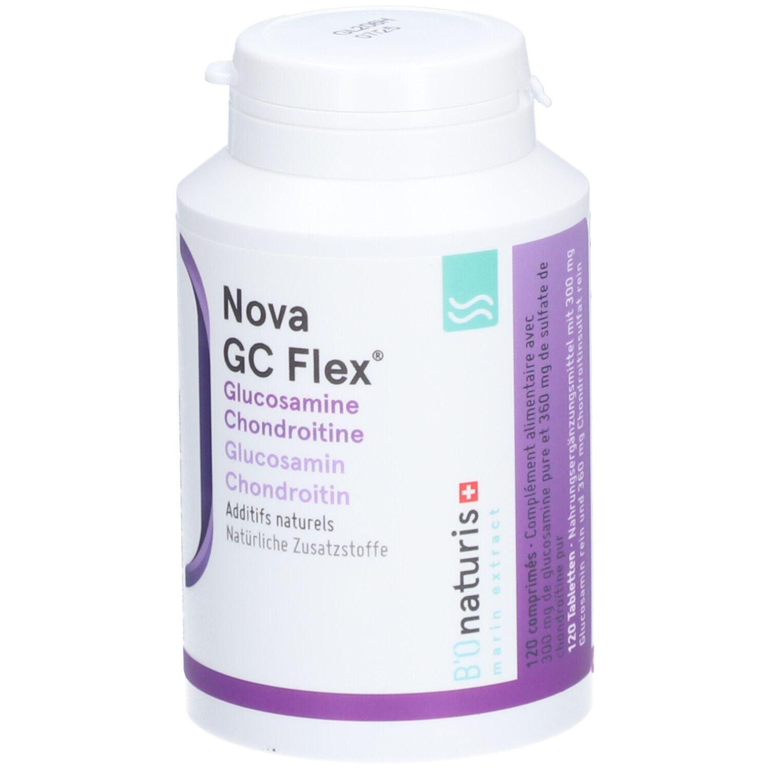 Weiße Flasche mit Nova GC Flex. Schriftzug: Glucosamin, Chondroitin. Lila und grüne Akzente. Weißer Deckel.
