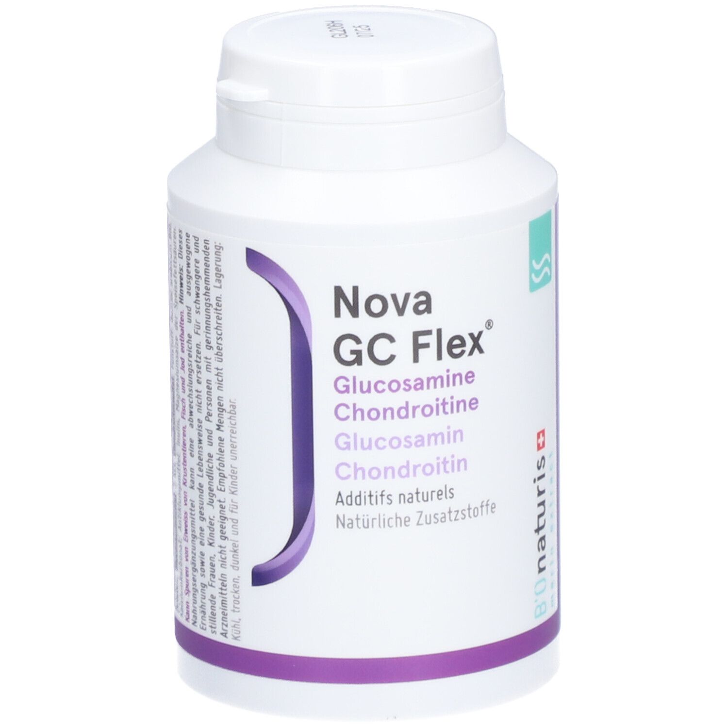 Weiße Flasche mit Nova GC Flex. Schriftzug: Glucosamin, Chondroitin. Lila und grüne Akzente. Weißer Deckel.