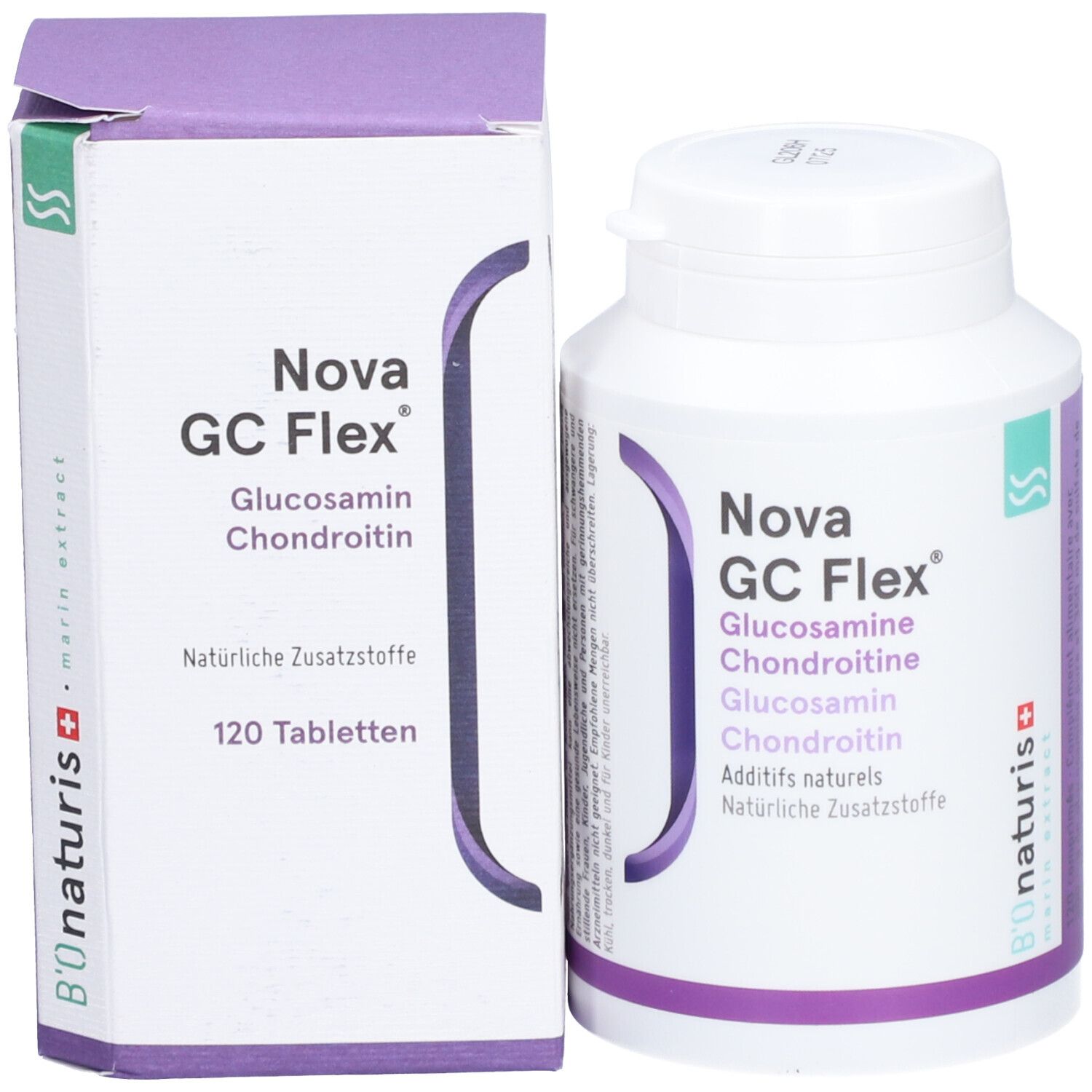 Weiße Flasche und Schachtel mit Nova GC Flex. 120 Tabletten. Lila und grüne Akzente. Weißer Deckel.