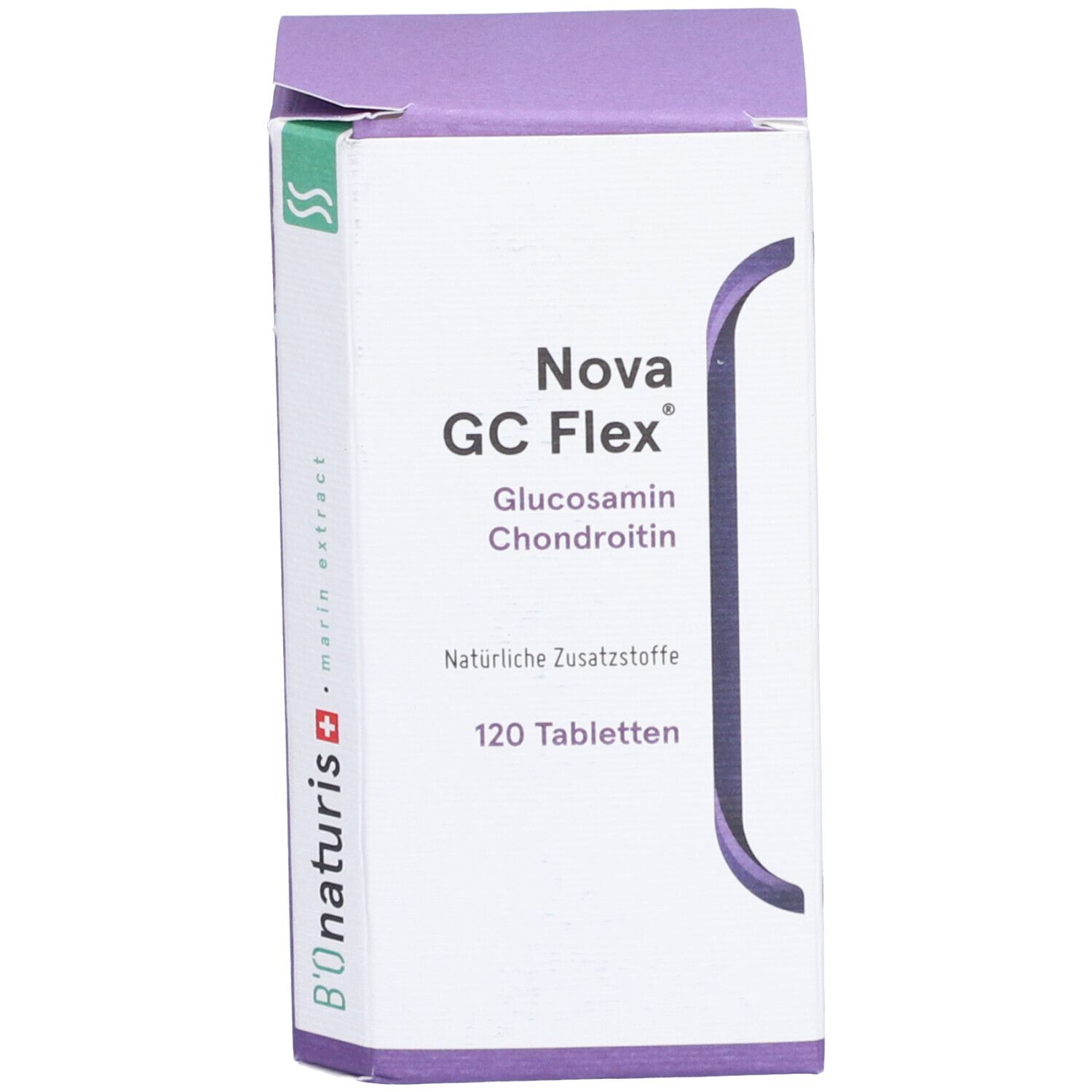 Schachtel mit Nova GC Flex. 120 Tabletten. Lila und grüne Akzente. Schriftzug: Glucosamin, Chondroitin.