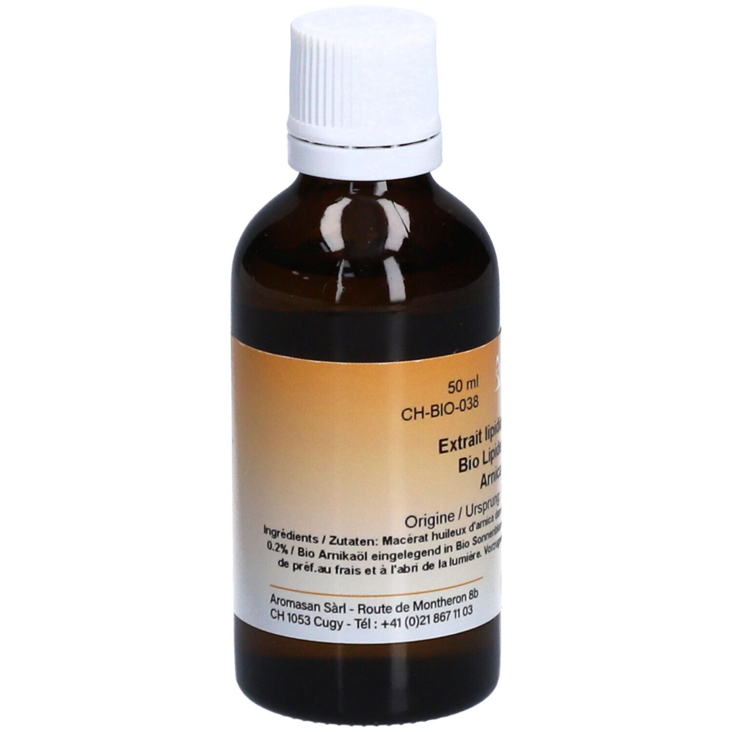 Flacon en verre brun avec bouchon blanc. Étiquette avec informations produit et ingrédients. 50 ml.