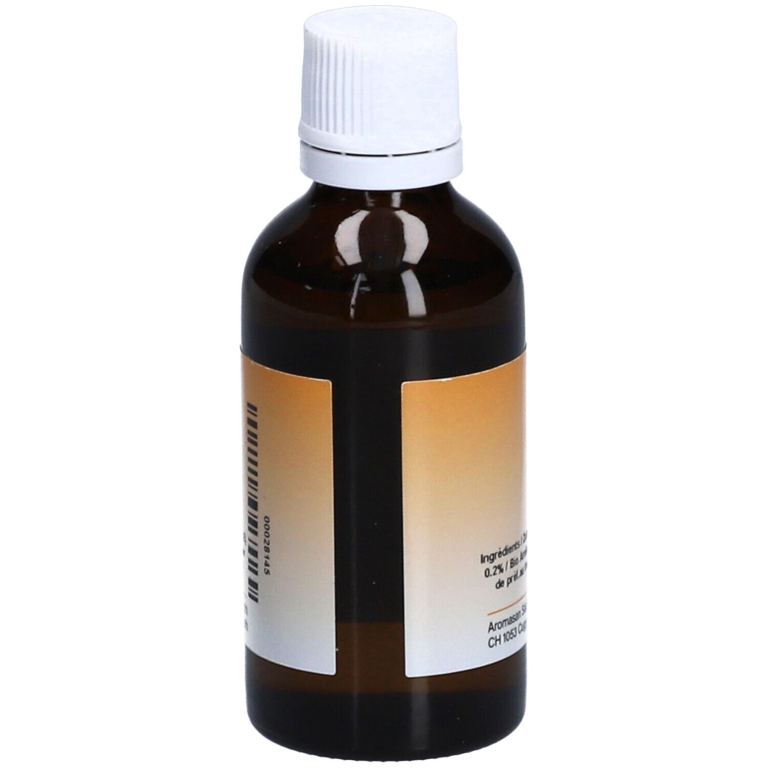 Flacon en verre brun avec bouchon blanc. Étiquette avec informations produit. Vue arrière.