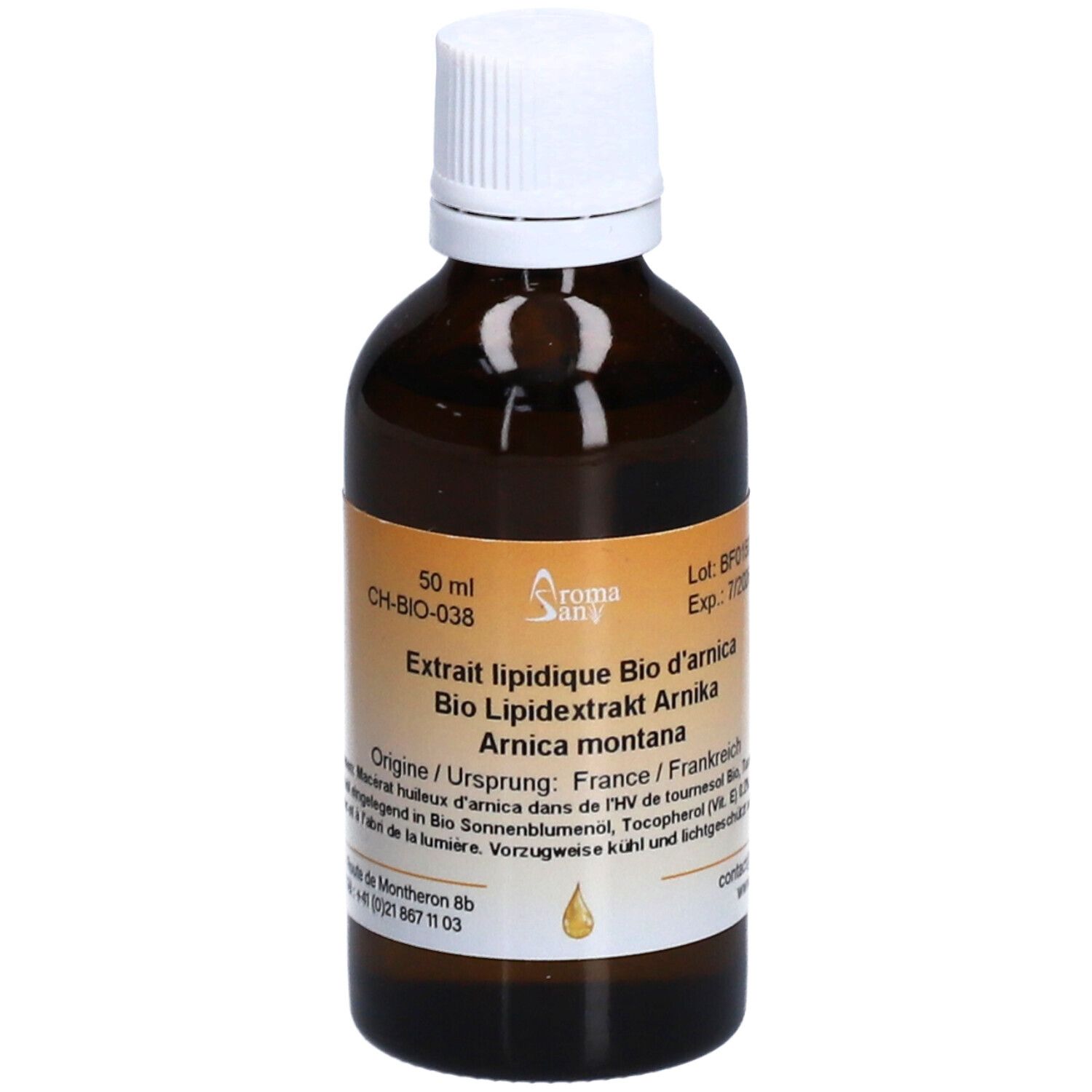 Flacon en verre brun avec bouchon blanc. Étiquette avec nom du produit et ingrédients. 50 ml.