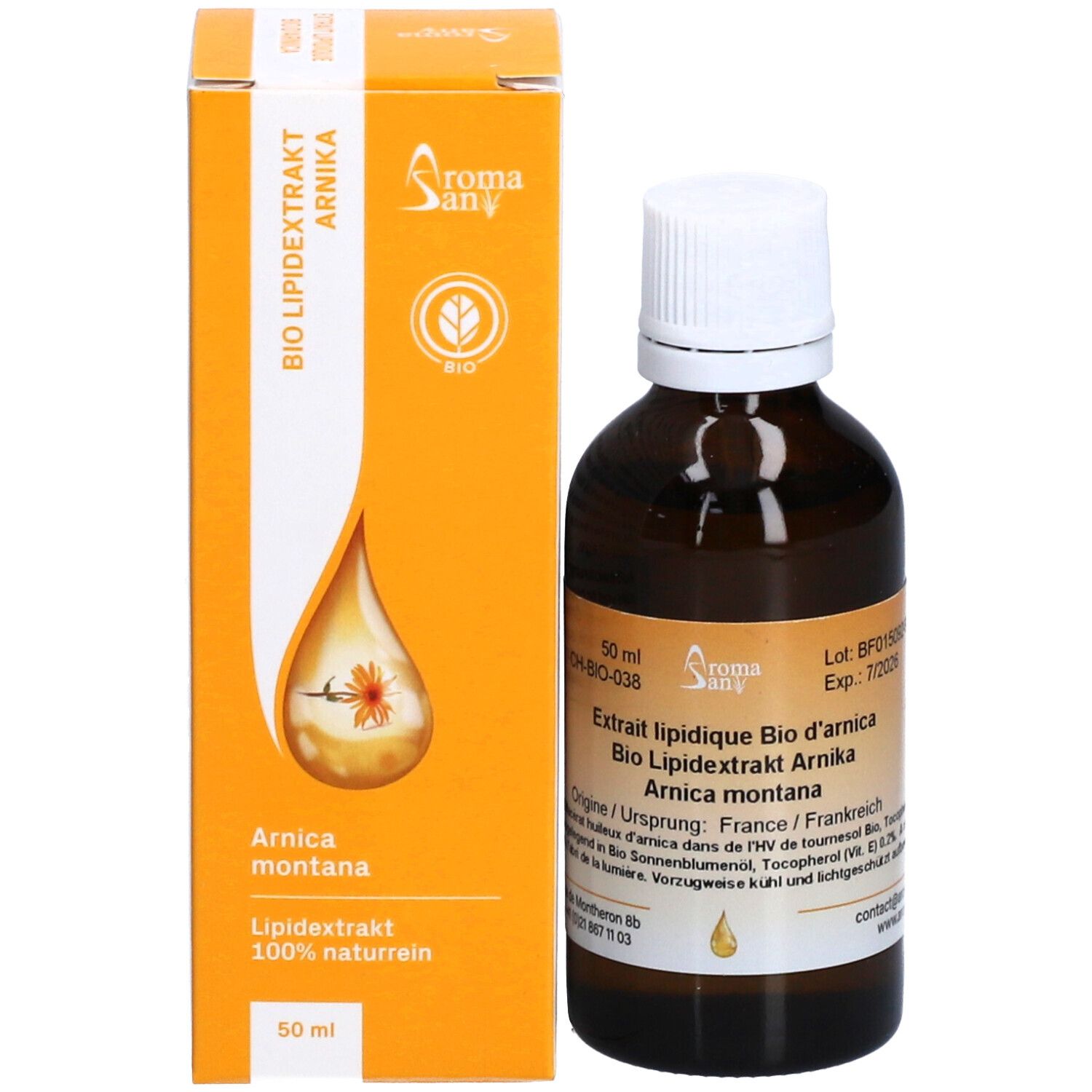Flacon et emballage du produit. Boîte orange avec image et nom du produit. 50 ml.