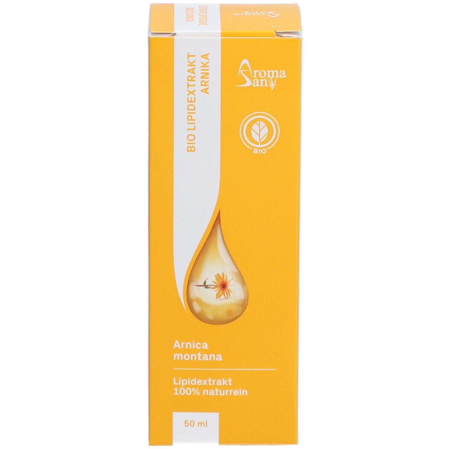 Boîte orange avec image et nom du produit. Symbole de goutte avec fleur.