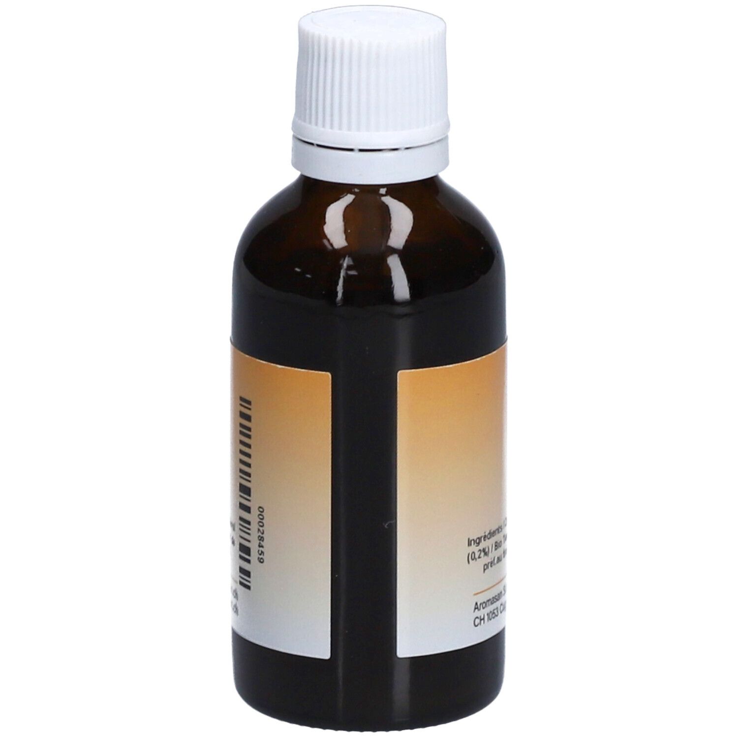 Rückansicht der braunen Glasflasche mit weißem Deckel. Etikett mit Produktinformationen. Aromasan Öl.