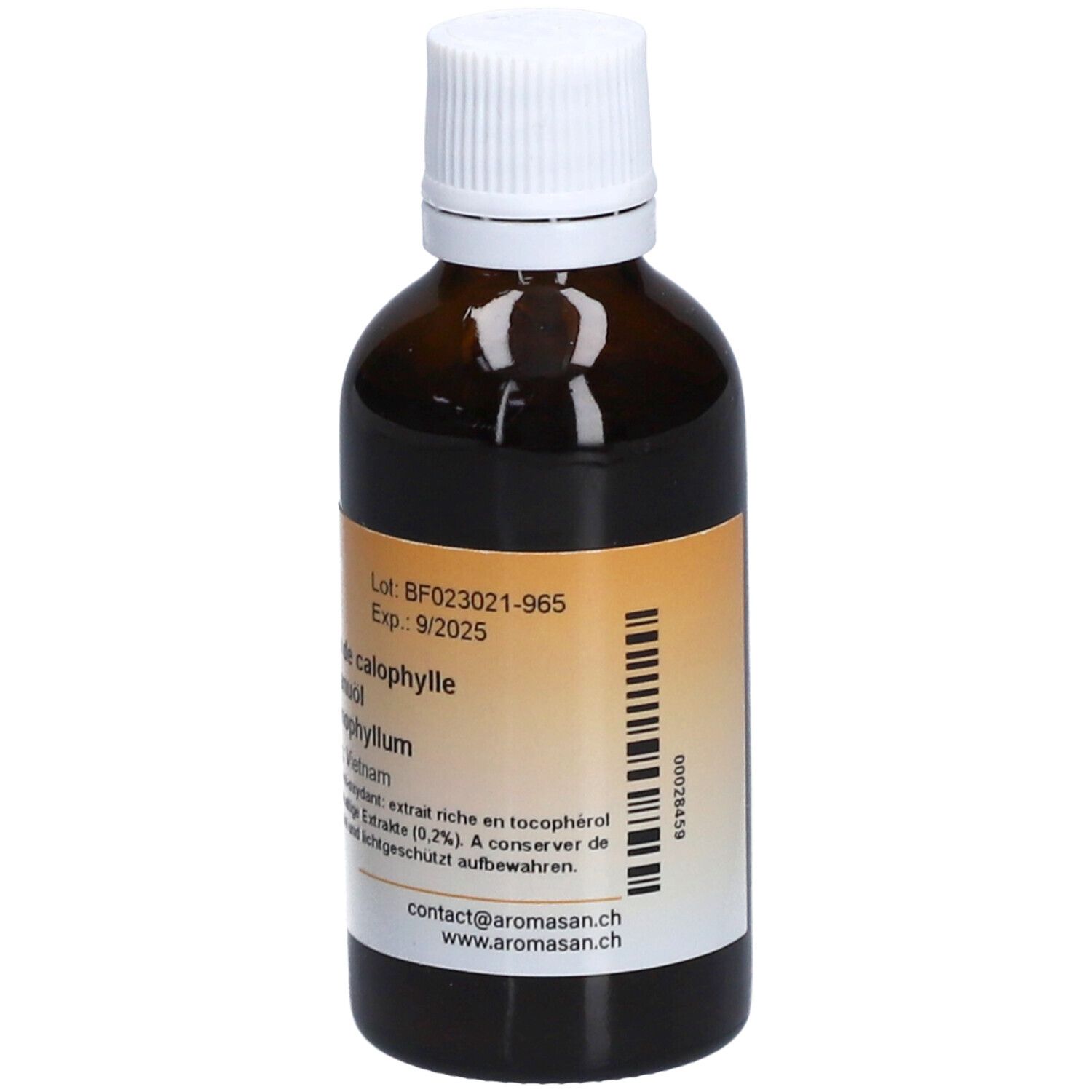 Braune Glasflasche mit weißem Deckel. Etikett mit Produktinformationen. Aromasan Öl.