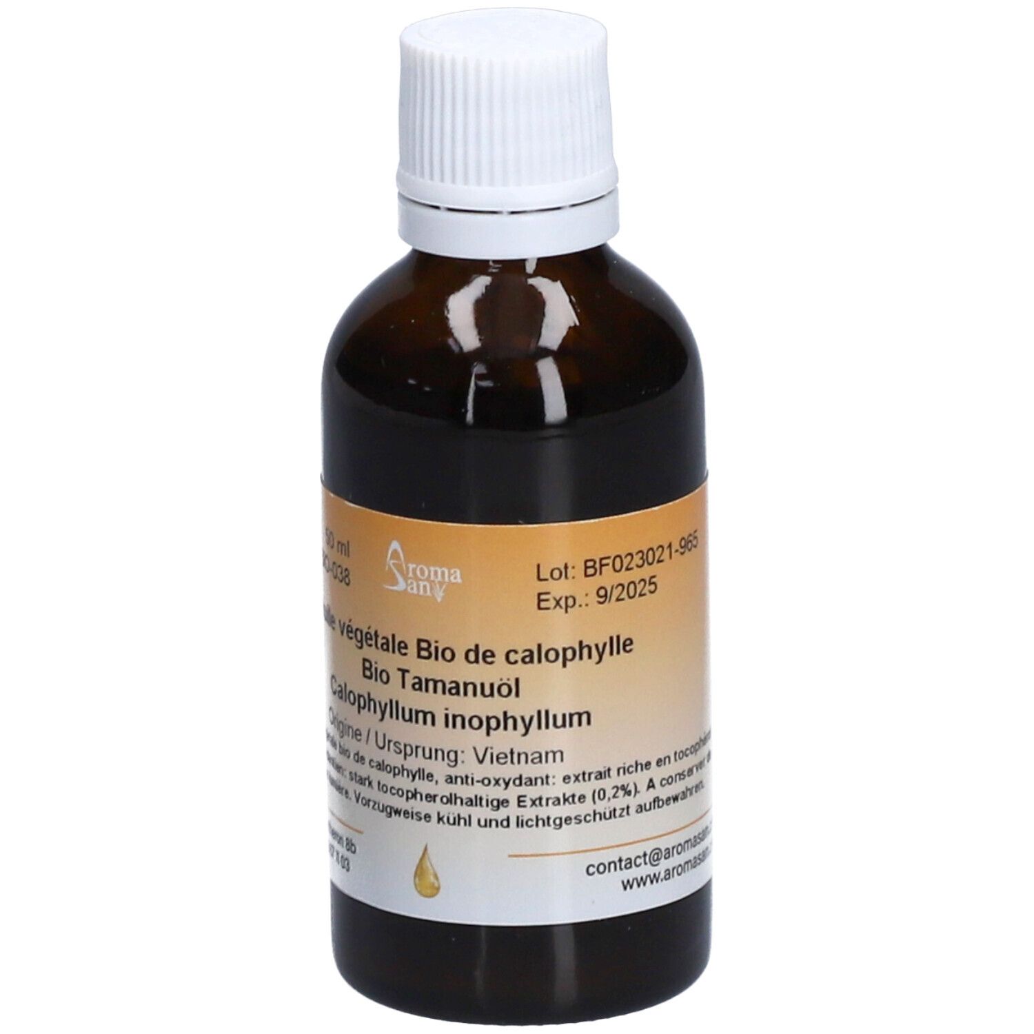 Braune Glasflasche mit weißem Deckel. Etikett mit Produktinformationen. Aromasan Öl.