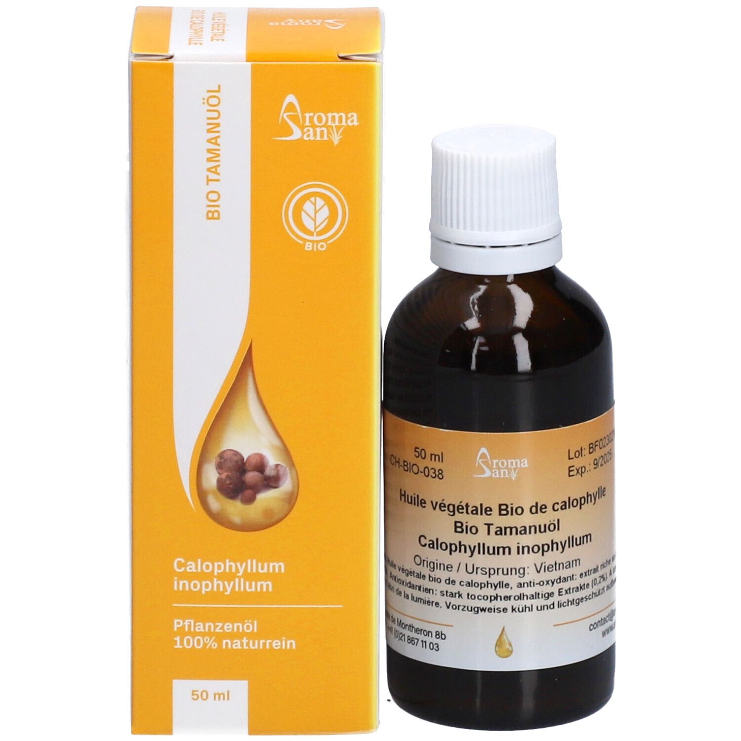 Braune Glasflasche mit weißem Deckel und gelber Verpackung. Aromasan Öl. Tropfensymbol. BIO-Siegel.