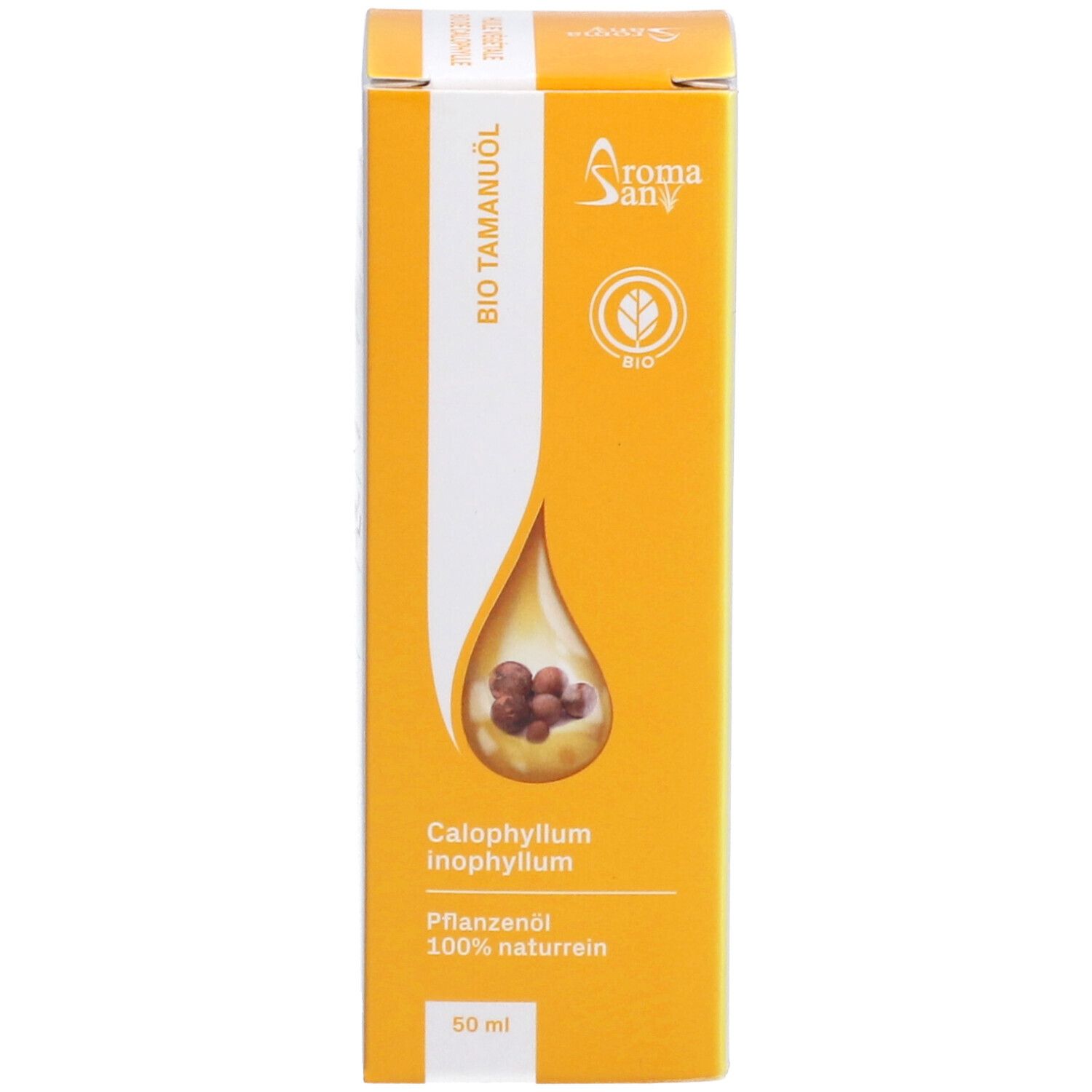 Gelbe Verpackung mit BIO-Siegel. Aromasan Öl. Tropfensymbol. Produktinformationen. 50 ml.