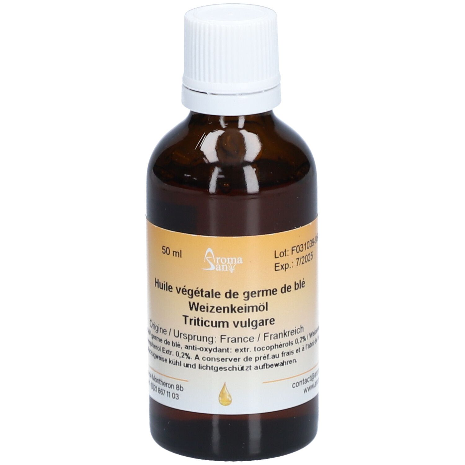Braune Glasflasche mit weißem Deckel. Etikett mit Produktinformationen. Aufschrift: Huile végétale de germe de blé.