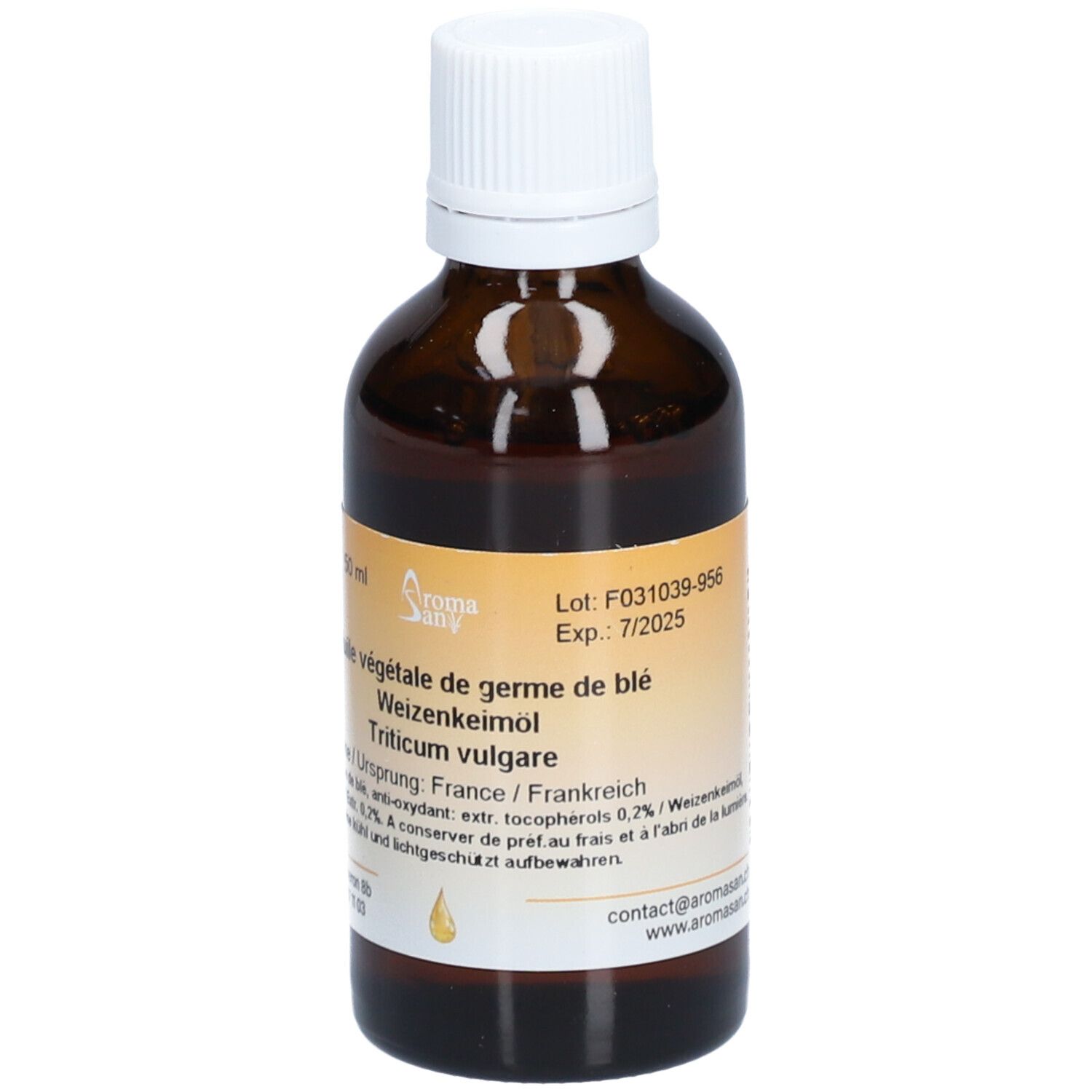 Braune Glasflasche mit weißem Deckel. Etikett mit Produktinformationen. Aufschrift: Huile végétale de germe de blé.