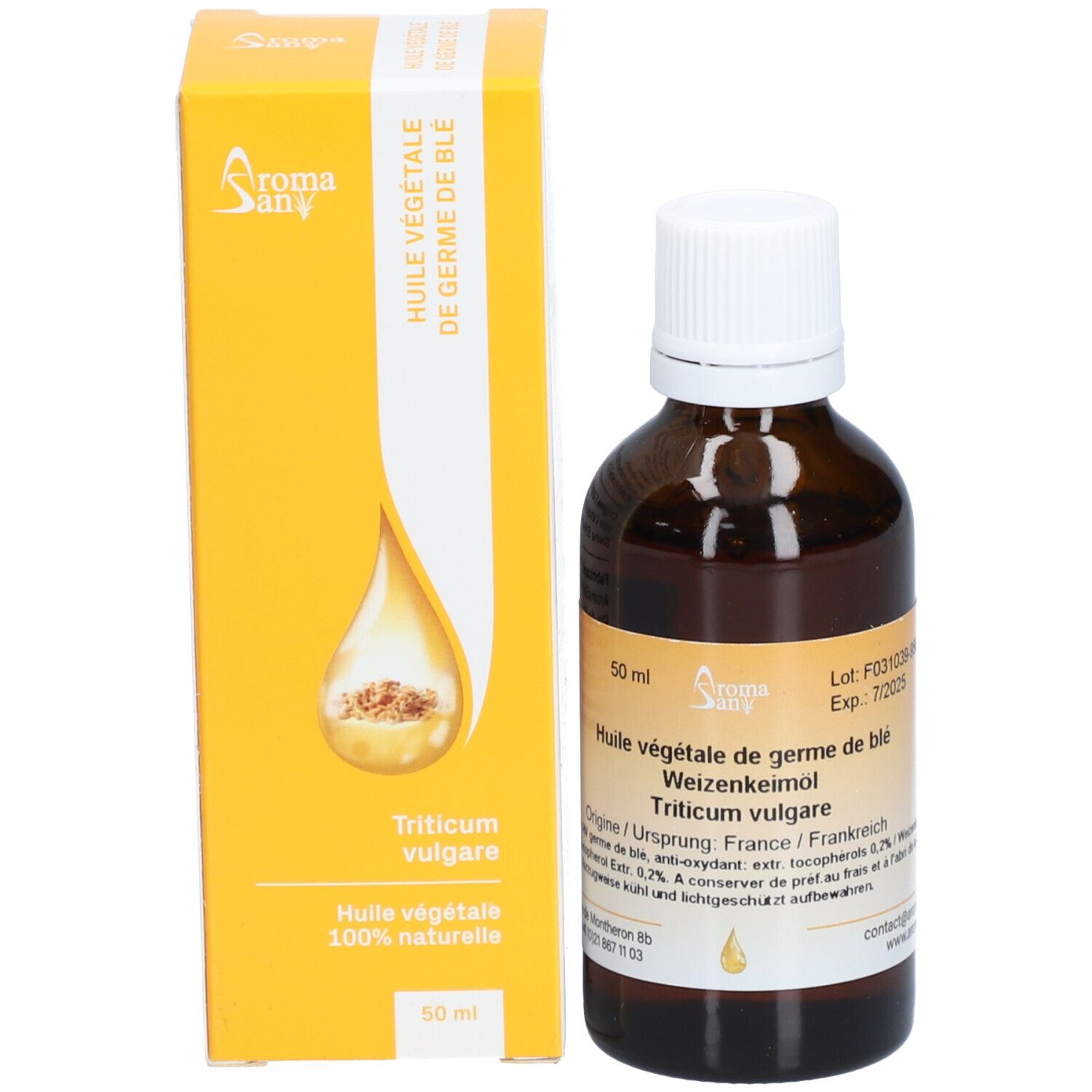 Braune Glasflasche und gelbe Verpackung. Aufschrift: Huile végétale de germe de blé. Tropfensymbol.
