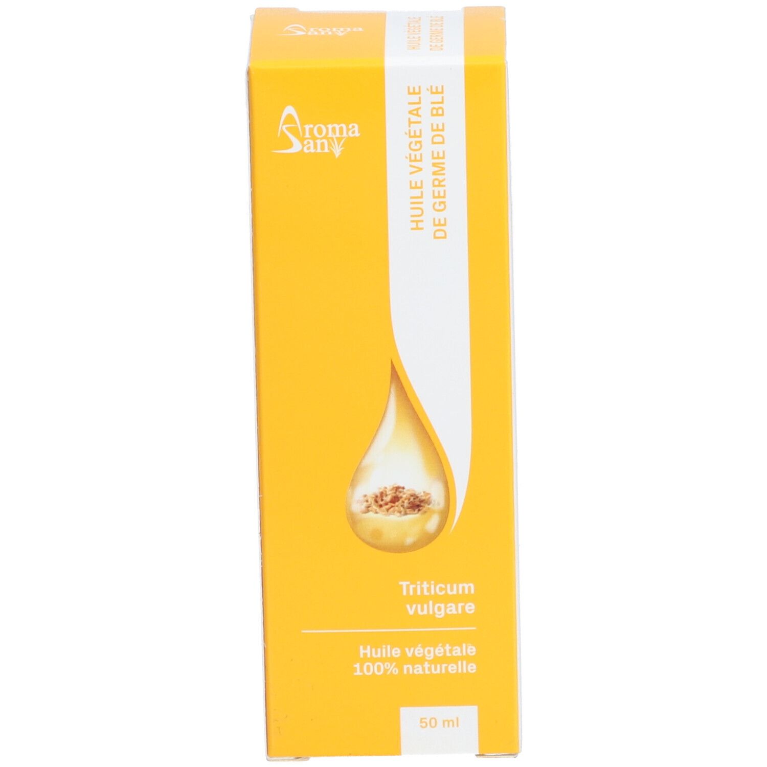 Gelbe Verpackung mit weißem Streifen. Aufschrift: Huile végétale de germe de blé. Tropfensymbol.