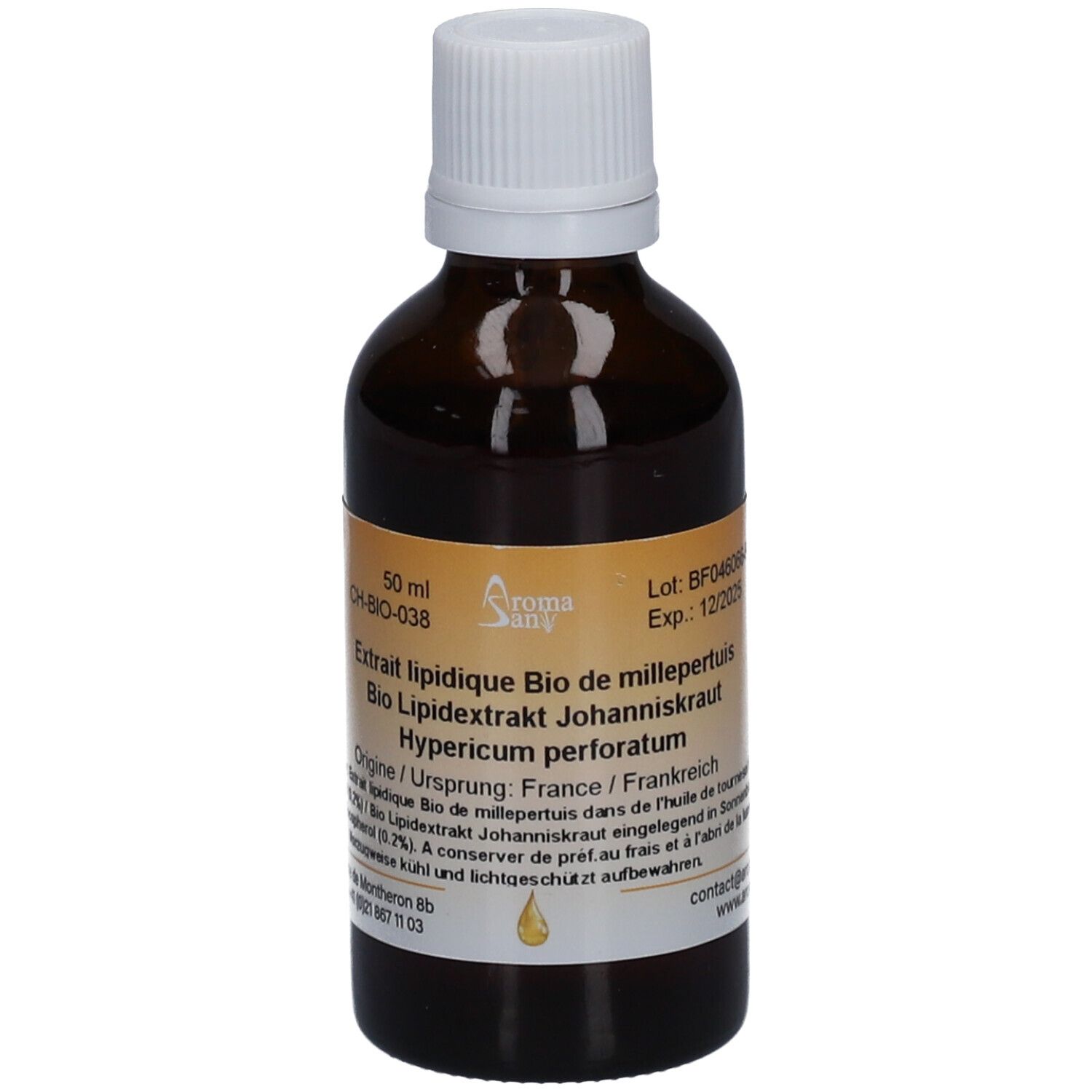 Braune Glasflasche mit weißem Deckel. Etikett mit Produktinformationen. Tropfensymbol. Aromasan Johanniskraut-Lipidextrakt.