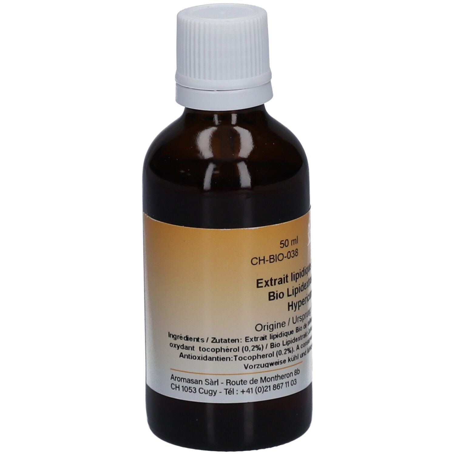 Braune Glasflasche mit weißem Deckel. Etikett mit Produktinformationen. Aromasan Johanniskraut-Lipidextrakt. 50 ml.