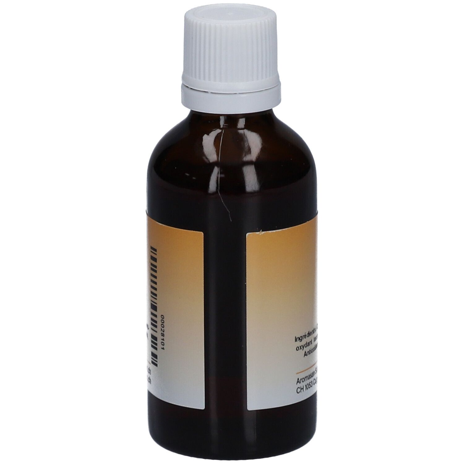 Braune Glasflasche mit weißem Deckel. Etikett mit Produktinformationen. Aromasan Johanniskraut-Lipidextrakt. Rückansicht.
