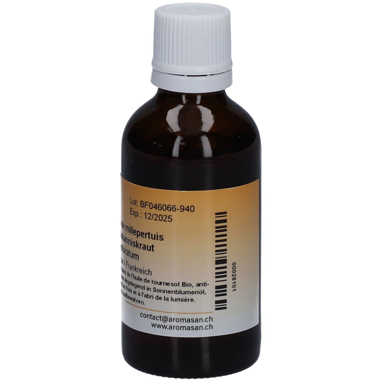 Braune Glasflasche mit weißem Deckel. Etikett mit Produktinformationen. Aromasan Johanniskraut-Lipidextrakt. Haltbarkeit.