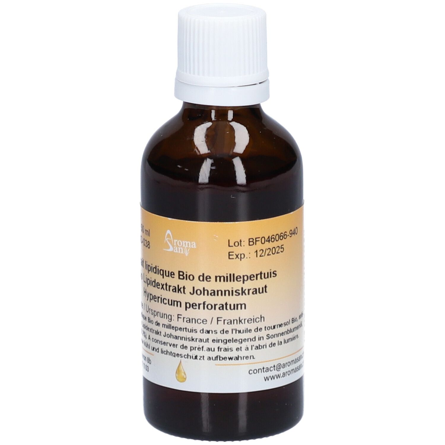 Braune Glasflasche mit weißem Deckel. Etikett mit Produktinformationen. Aromasan Johanniskraut-Lipidextrakt. 50 ml.