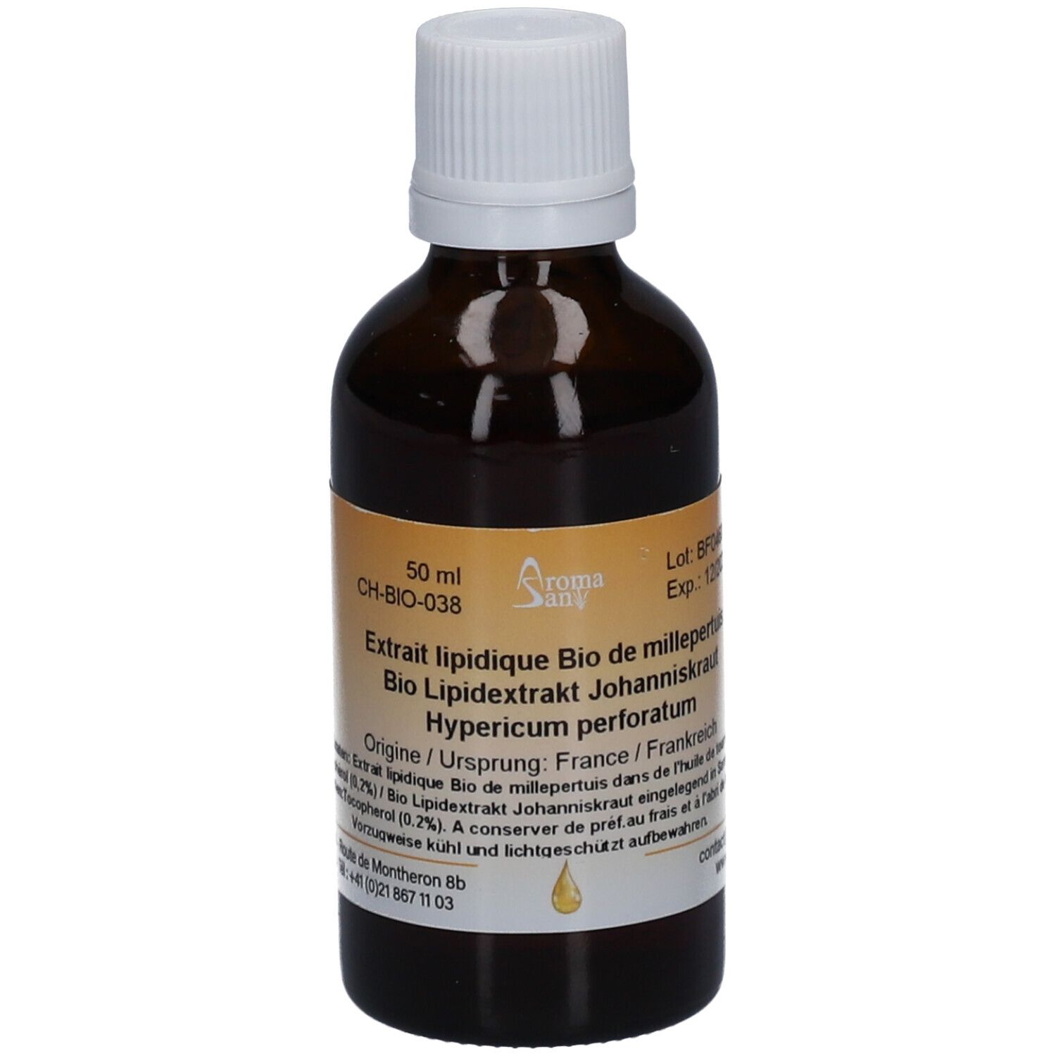 Braune Glasflasche mit weißem Deckel. Etikett mit Produktinformationen. Aromasan Johanniskraut-Lipidextrakt. 50 ml.