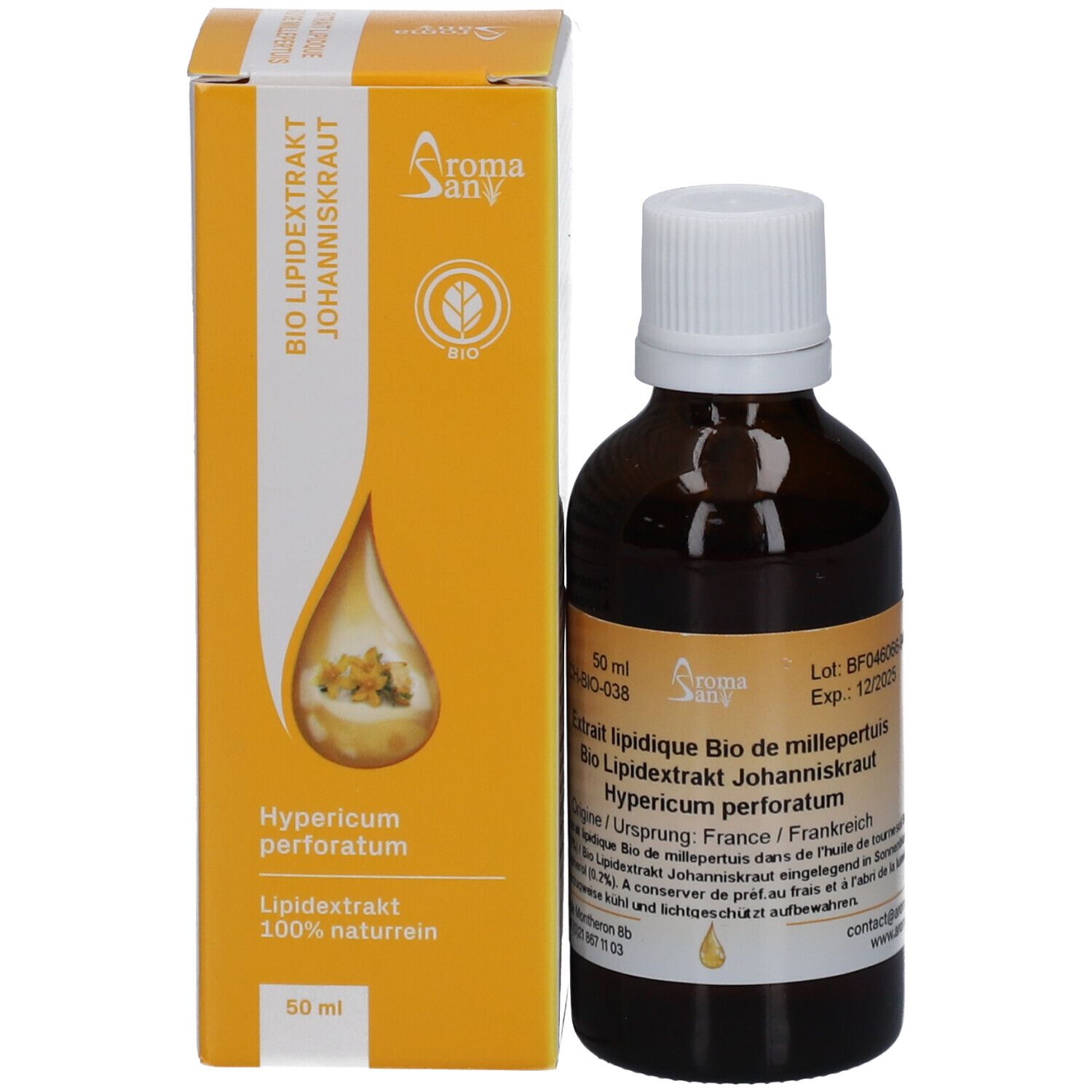 Braune Glasflasche und Schachtel. Aromasan Johanniskraut-Lipidextrakt. 50 ml. Produkt und Verpackung.