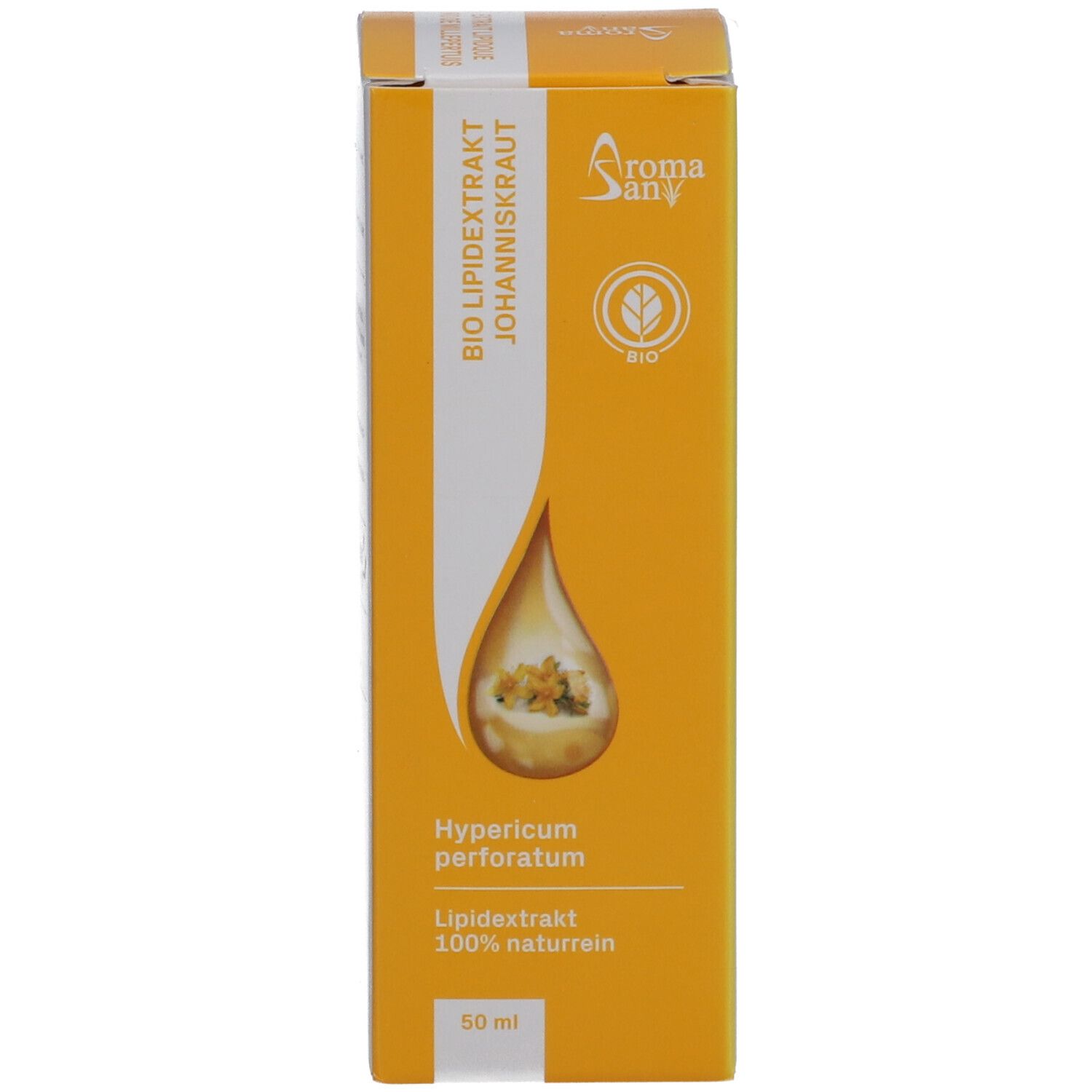 Gelbe Schachtel. Aromasan Johanniskraut-Lipidextrakt. 50 ml. Produktabbildung. Tropfensymbol.