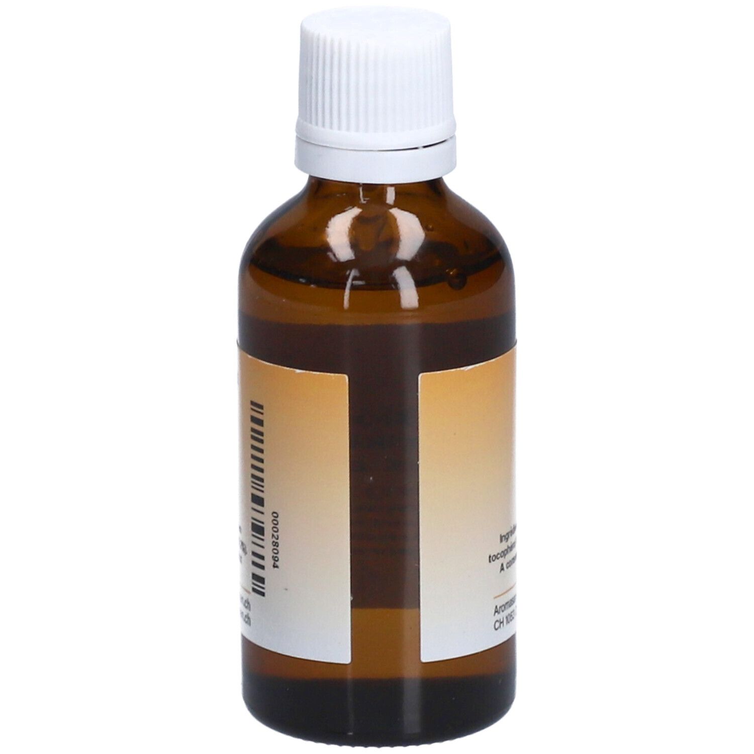 Rückseite einer braunen Glasflasche mit weißem Deckel. Etikett mit Barcode und Text: Aromasan.