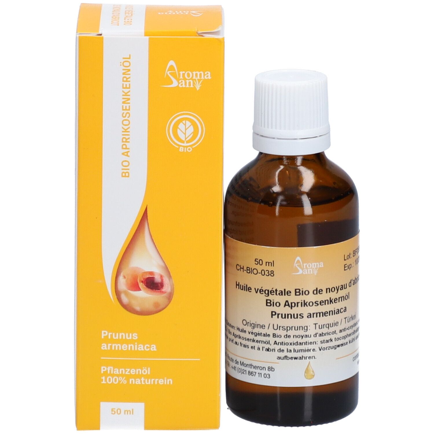 Braune Glasflasche mit weißem Deckel neben gelber Schachtel. Auf der Schachtel: Bio Aprikosenkernöl, Aromasan.
