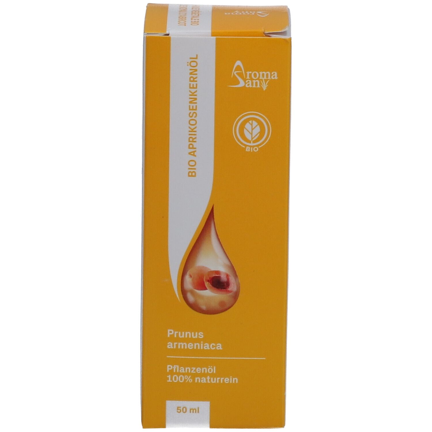 Gelbe Schachtel mit Text: Bio Aprikosenkernöl, Aromasan, 50 ml. Tropfen-Symbol.