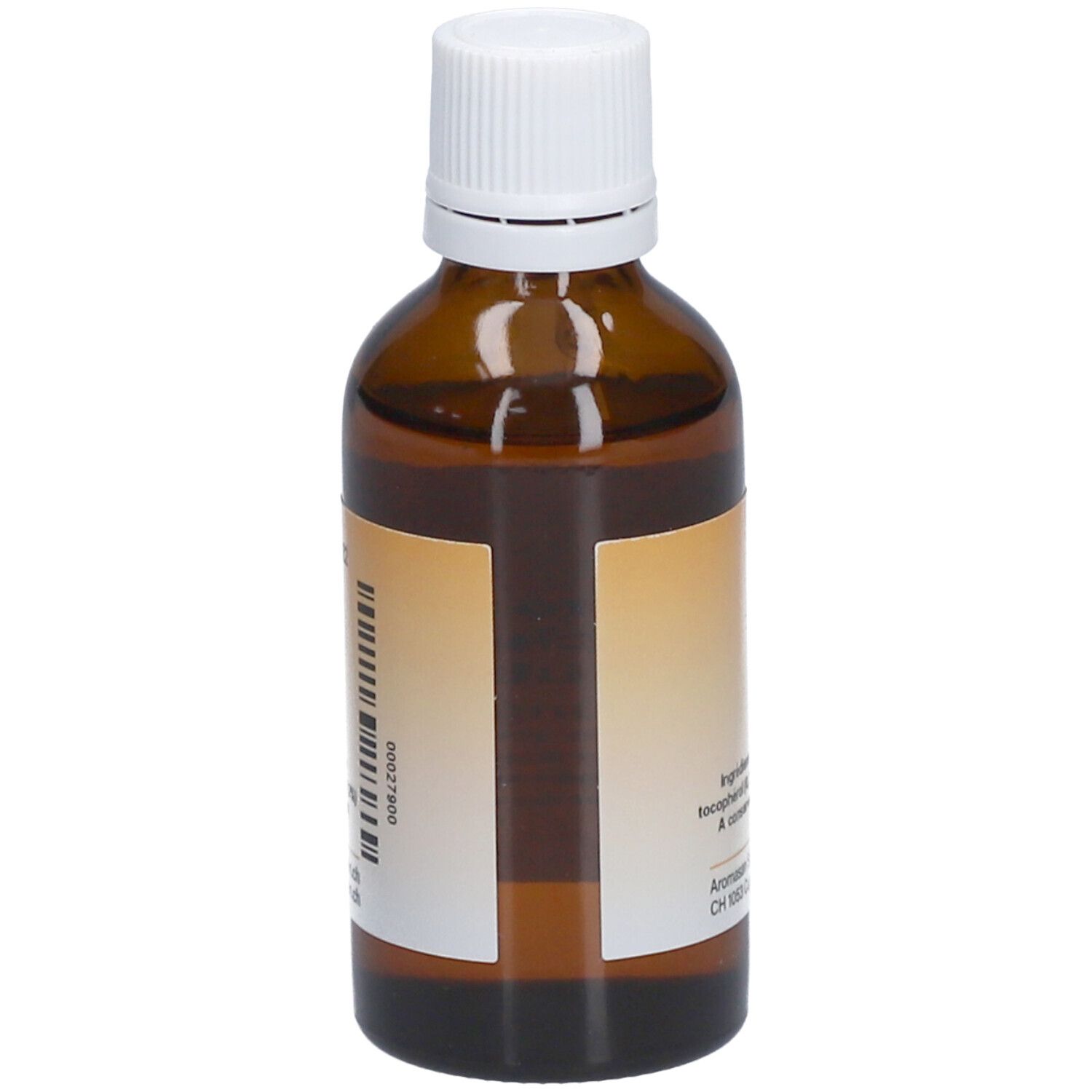 Braune Glasflasche mit weißem Deckel. Rückseite mit Etikett. Aufschrift: Zutaten, Adresse. 50ml.