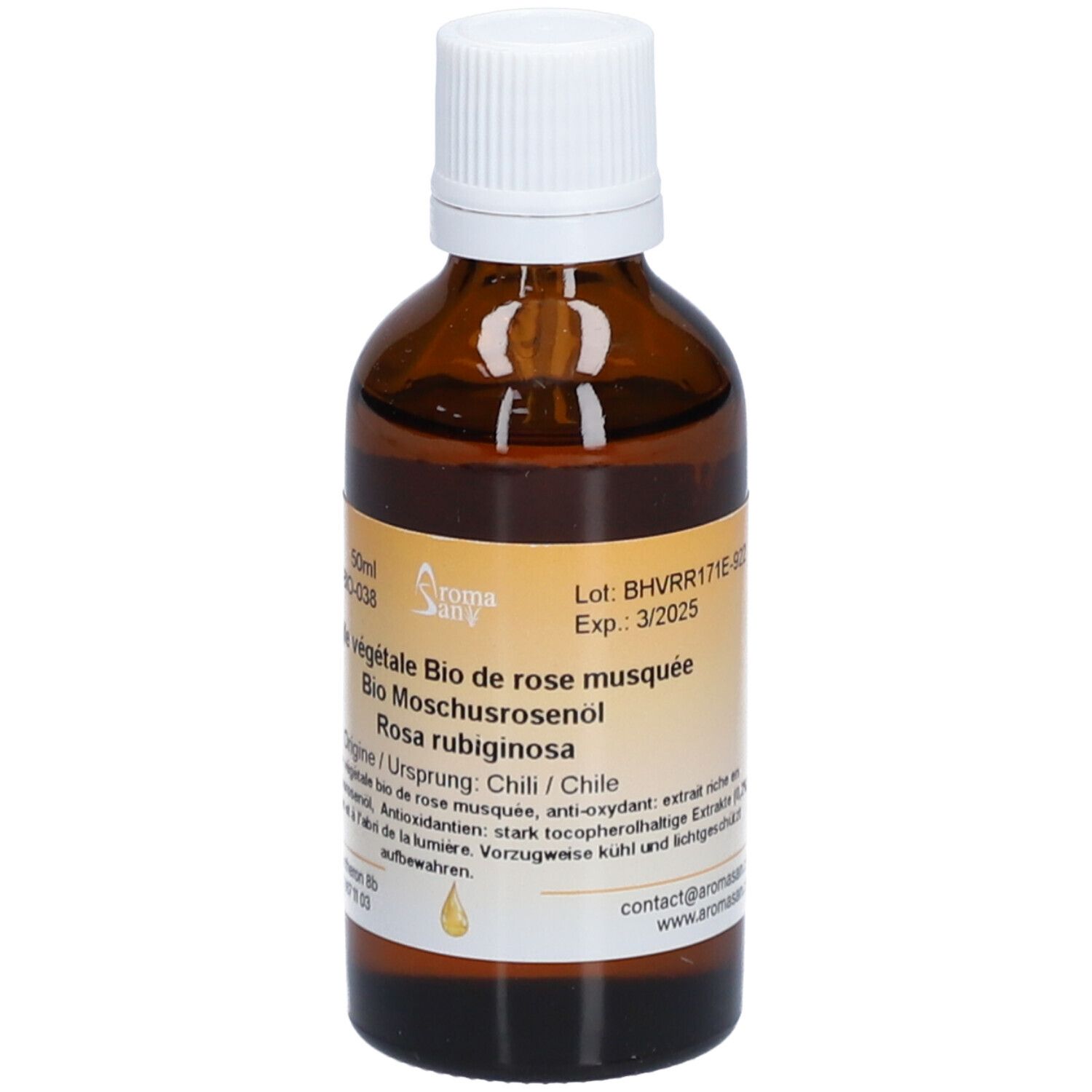 Braune Glasflasche mit weißem Deckel. Etikett mit Produktinformationen. Aufschrift: Huile végétale Bio de rose musquée. 50ml.