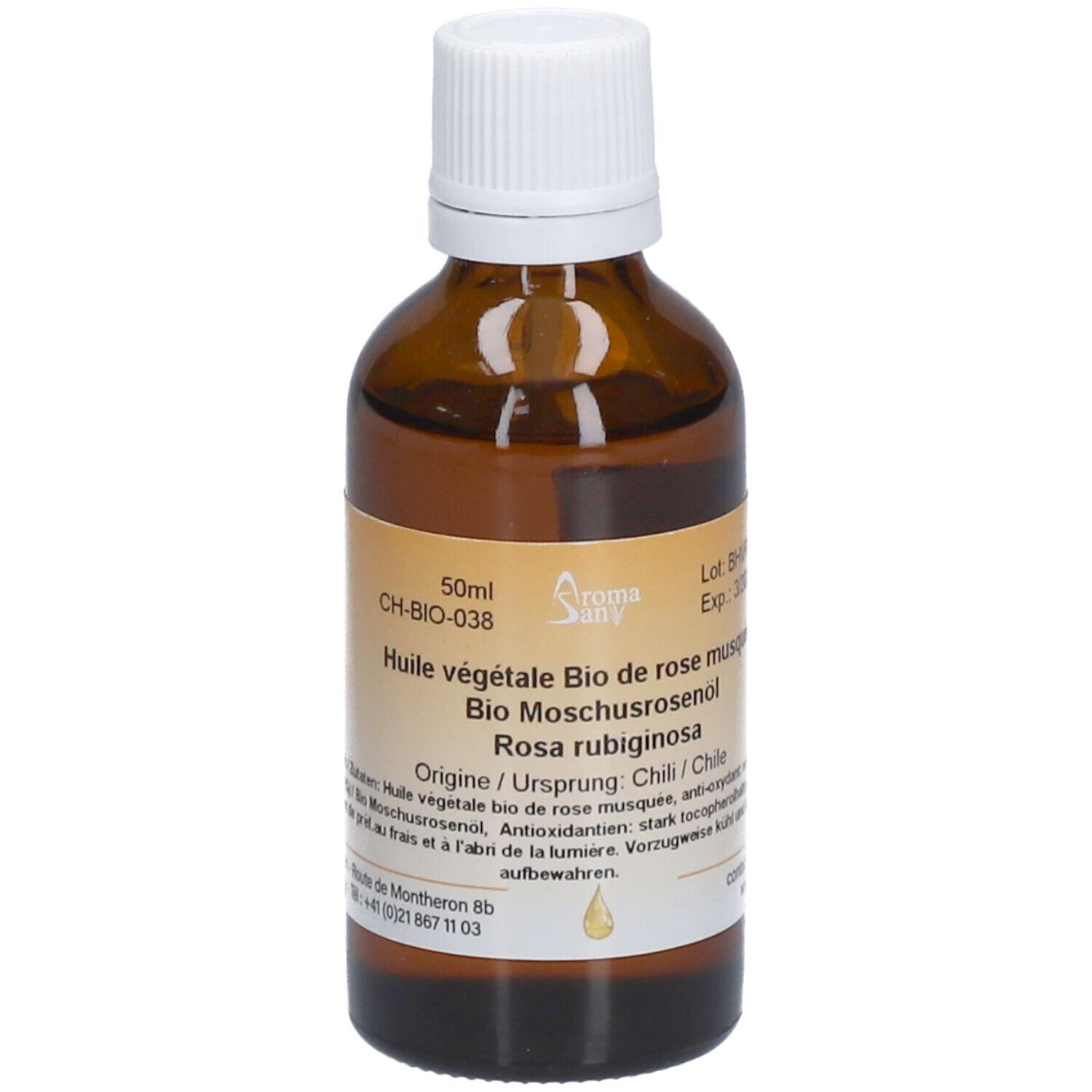 Braune Glasflasche mit weißem Deckel. Etikett mit Produktinformationen. Aufschrift: Huile végétale Bio de rose musquée. 50ml.