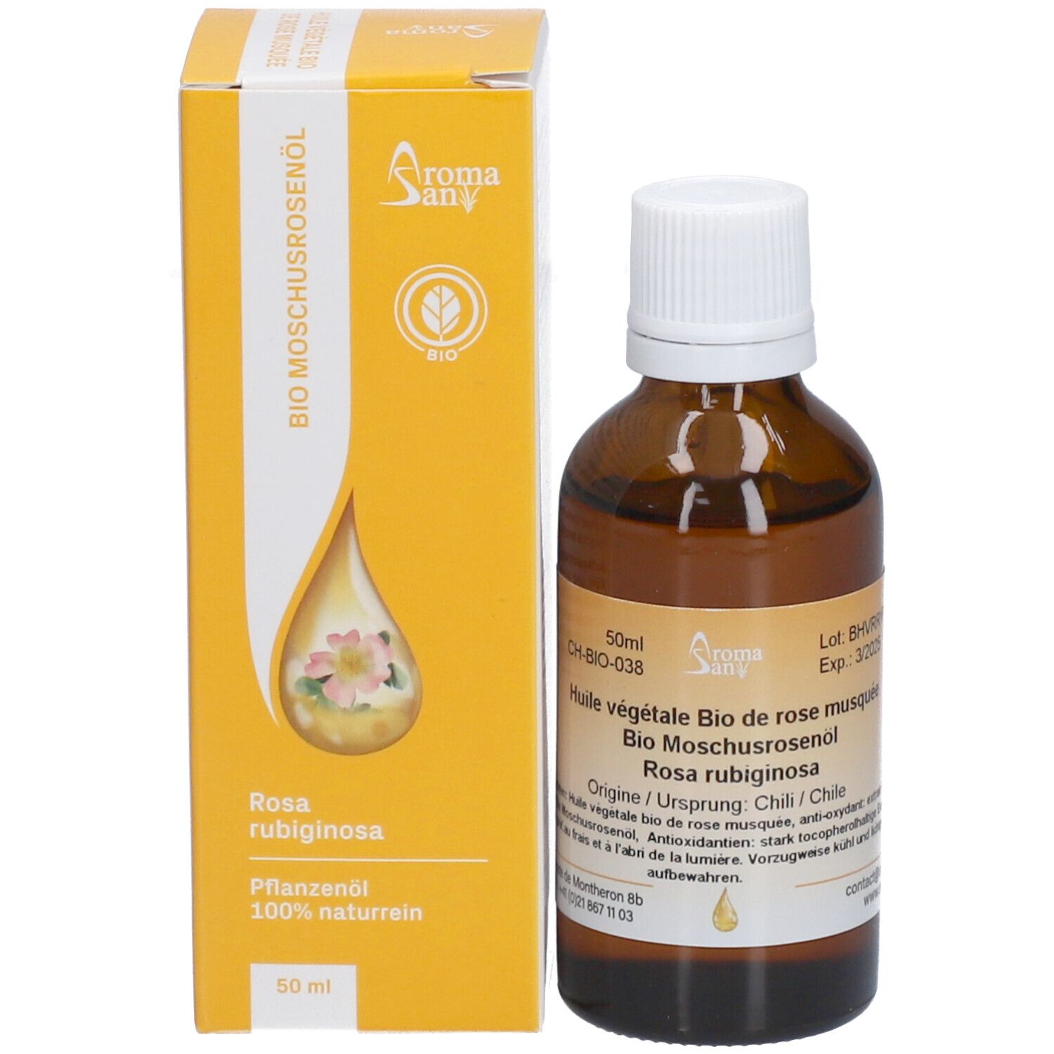 Braune Glasflasche mit weißem Deckel neben gelber Verpackung. Aufschrift: Bio Moschusrosenöl, 50ml. Verpackung mit Tropfen-Symbol.