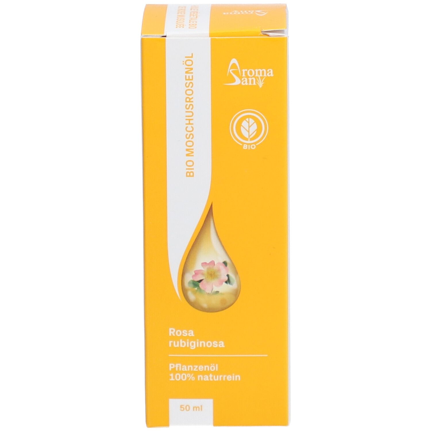 Gelbe Verpackung mit Tropfen-Symbol und Aufschrift: Bio Moschusrosenöl. 50ml. Logo: Bio.