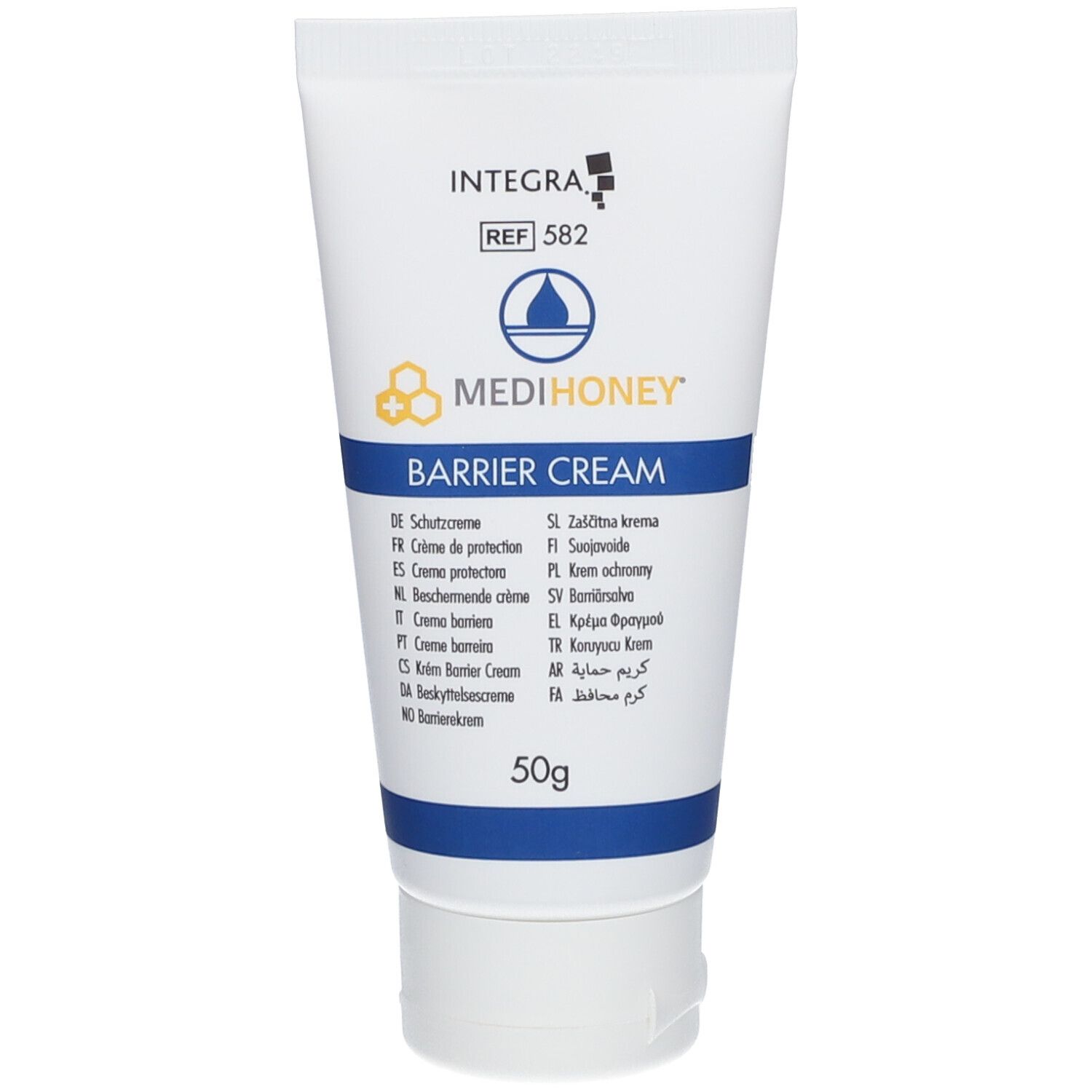 Creme-Tube, weiß mit blauen Akzenten. Aufschrift: MEDIHONEY Barrier Cream. 50g.
